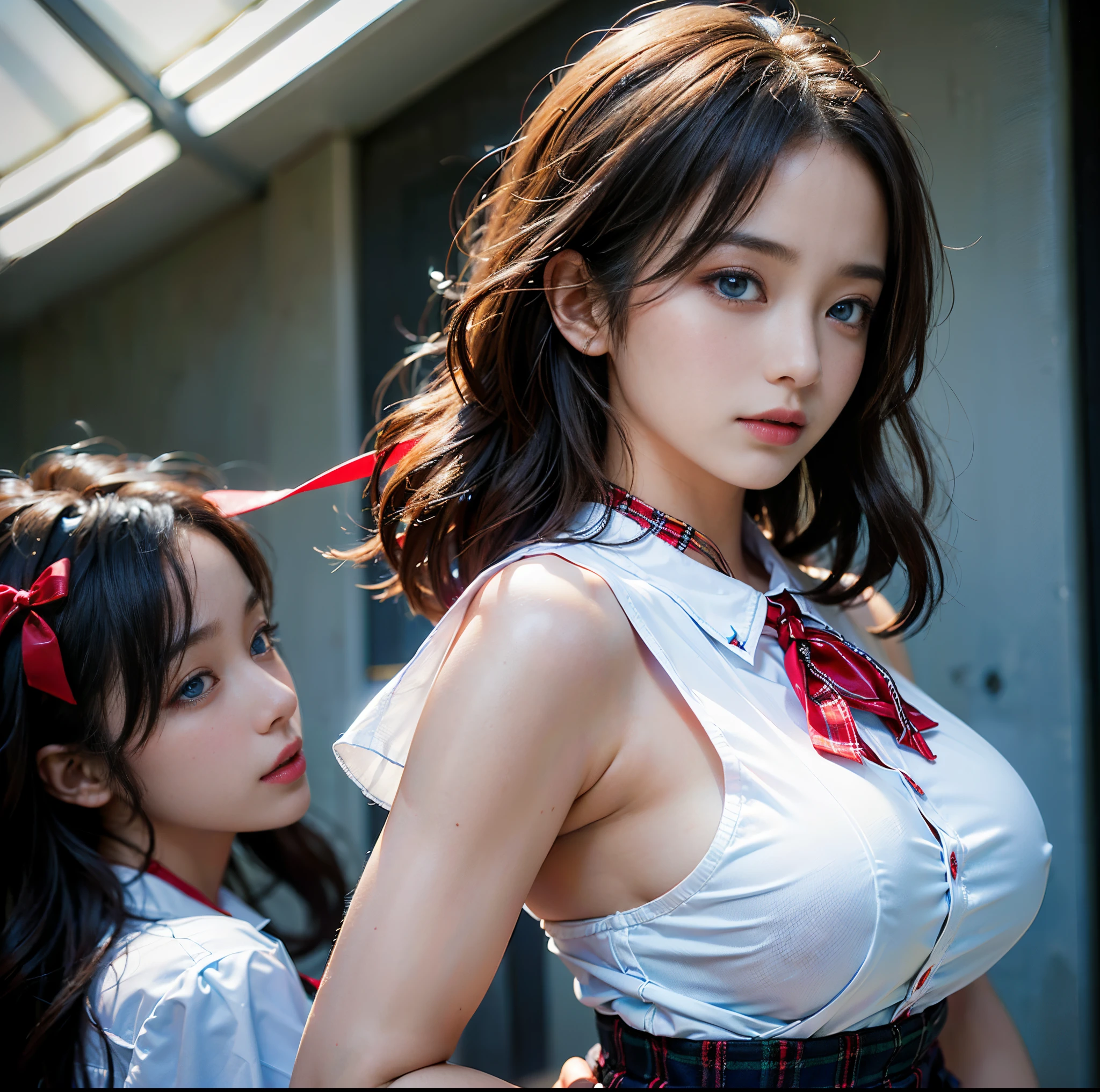 top-quality, 8K picture quality, masterpiece, Professional lighting without shadows, Two Women, (with perfect body、Colossal breasts with tension:1.2), Bright whitening skin, (Bright and beautiful blue eyes with plump red tear bags reflect a lot of light.:1.2)、 (They wear tight white blouses with crimson ribbon ties tied around the collar.。), (No skin is exposed on the upper body:1.4), Micro mini pleated tartan check skirt, (their skirts are incredibly short:1.3), (Show off your big breasts from the front:1.3), (Another girl on the other side shows off her big butt exposed from behind:1.2),