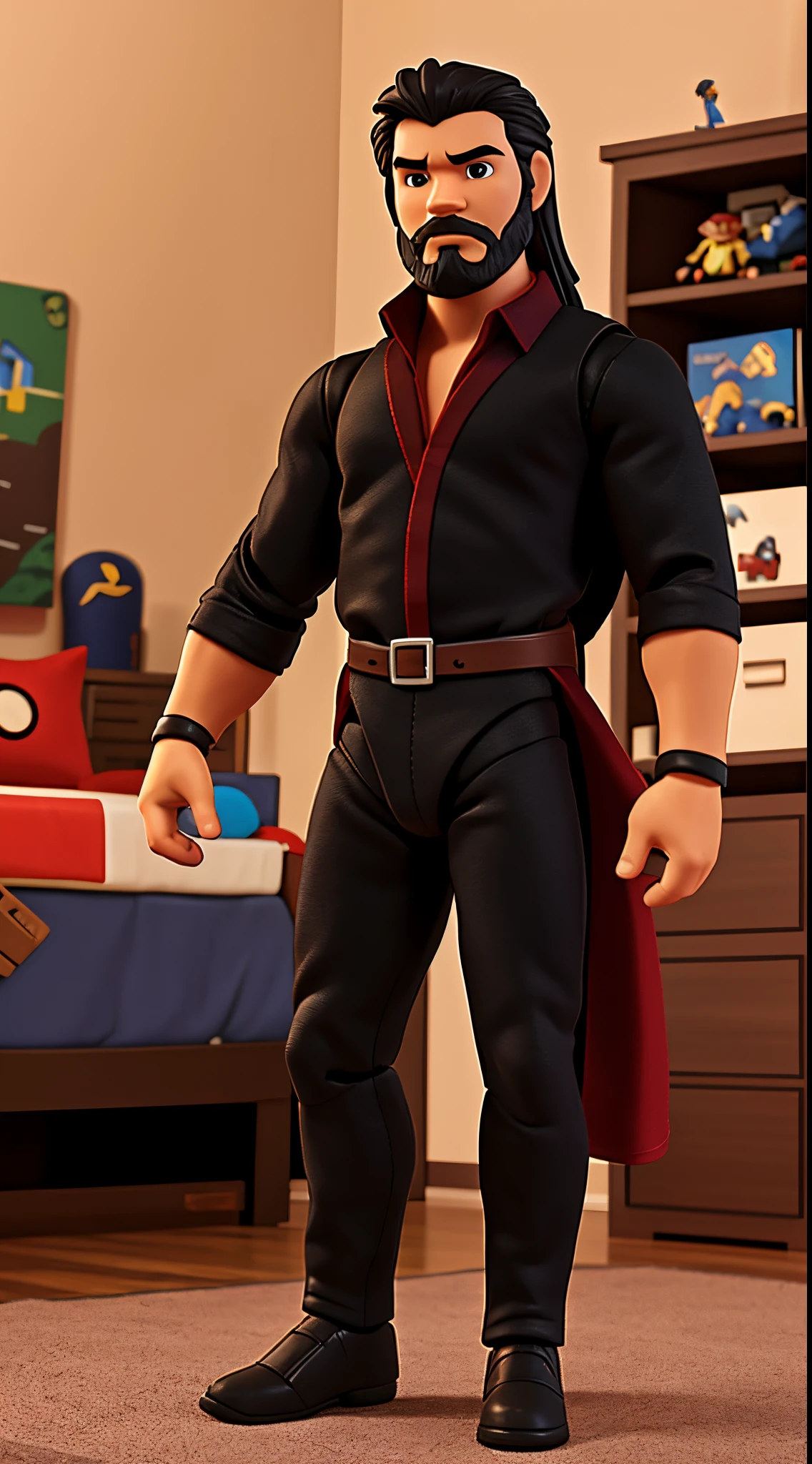 1 Man solo, solo.he has a short black beard and he has black flowing hair. Action Figure. One solo action figure. red. kid's bedroom in background one character. (One character)