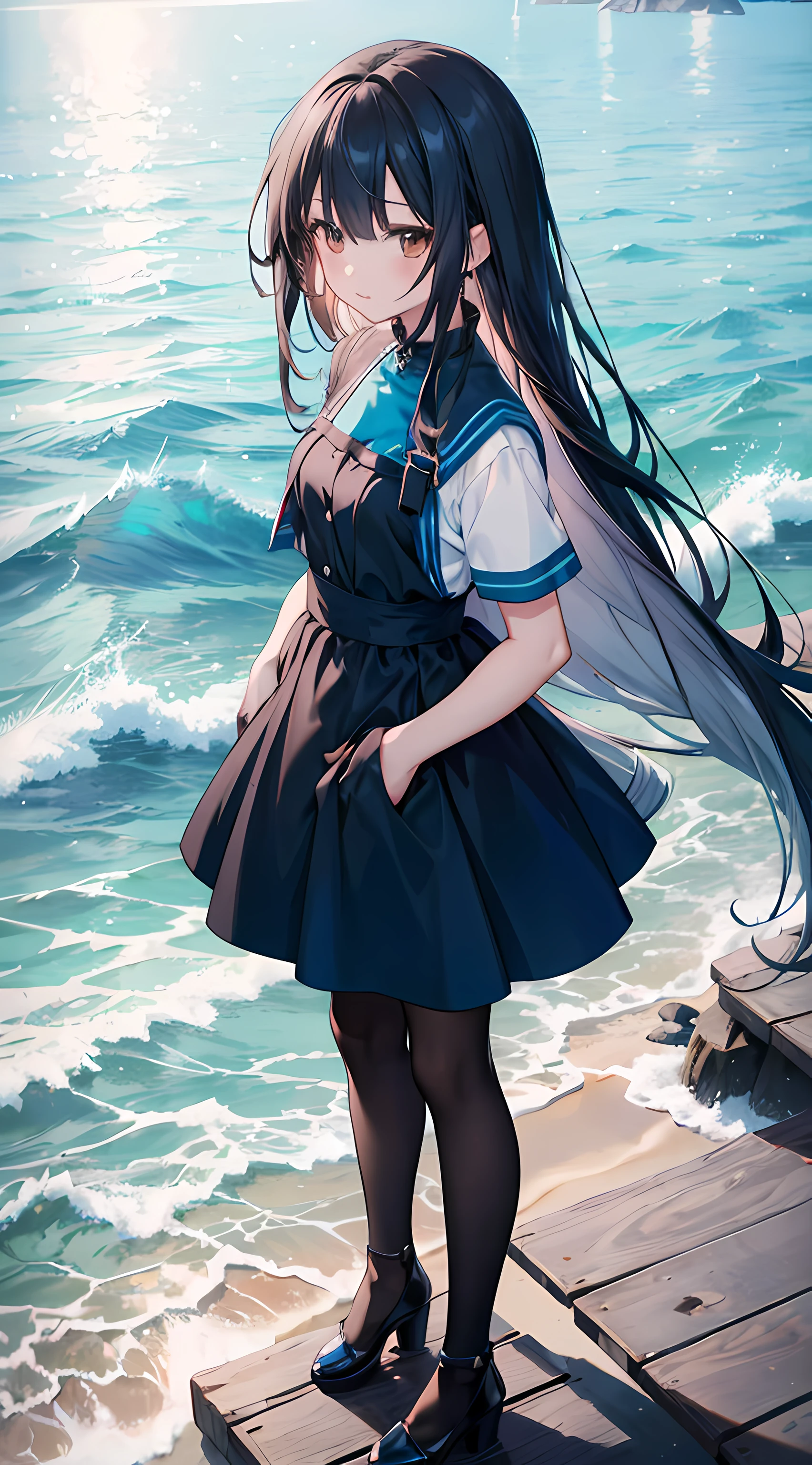 anime girl standing next to the ocean, beautiful blue sky, beautiful water, beautiful sunlight, (1girl), long black hair, brown eyes, small breasts, short sleeves blue dress, black stocking, amazing anime visuals, ultrasharp, masterpiece, high res, 8k