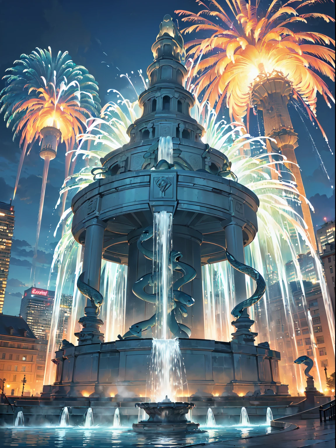 (RAW Photos, Best Quality), (animesque:1.2), (((big fountain scenery))), (water is blowing up high:1.5), (((Composition looking up at the fountain from below))), (snake monument:1.5), Majestic atmosphere, The water of the fountain emits a fantastic light, realistic light and shadow, 8K分辨率, 16k super high quality、