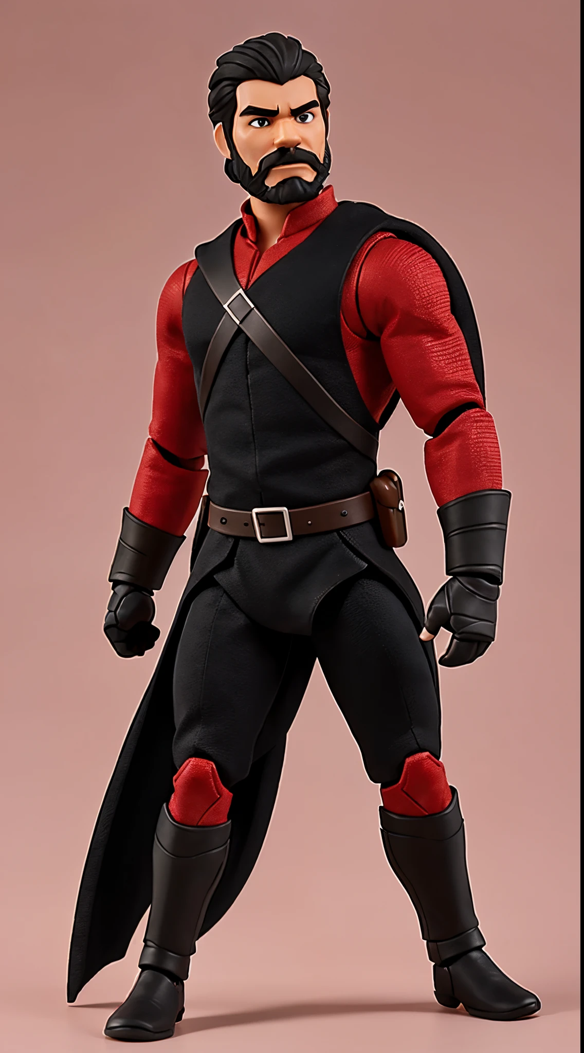 1 Man solo, solo.he has a short black beard and he has black flowing hair. Action Figure. One solo action figure. red. simple background one character. (One character)