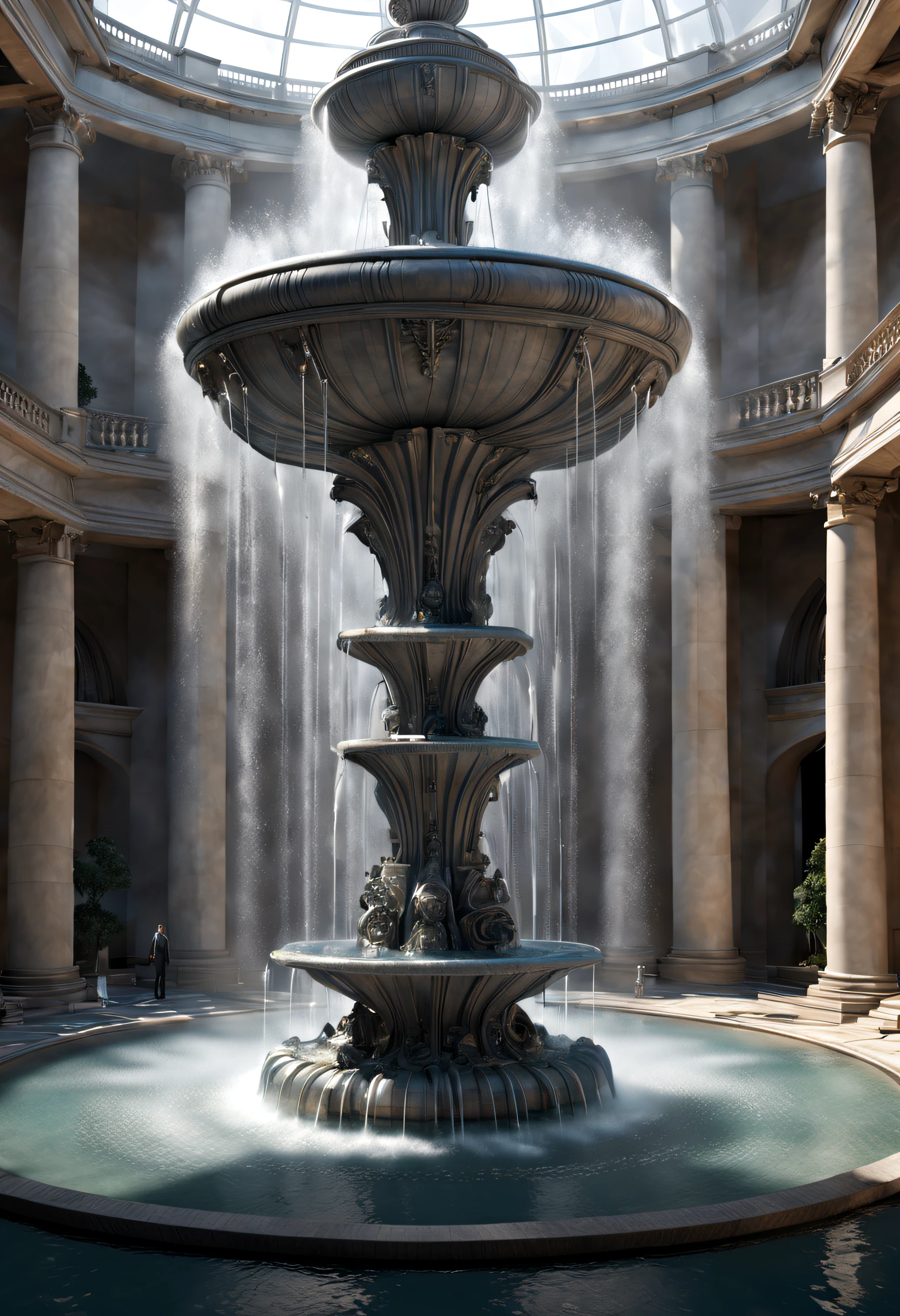 Sci-fi, (suspended giant fountain), lots of water, intricate details,
background: gray science and technology sense building,extremely detailed, best quality, masterpiece, high resolution, Hyperrealistic, ray traced,top-view, low angle view, Fresnel light, by Philip Johnson,