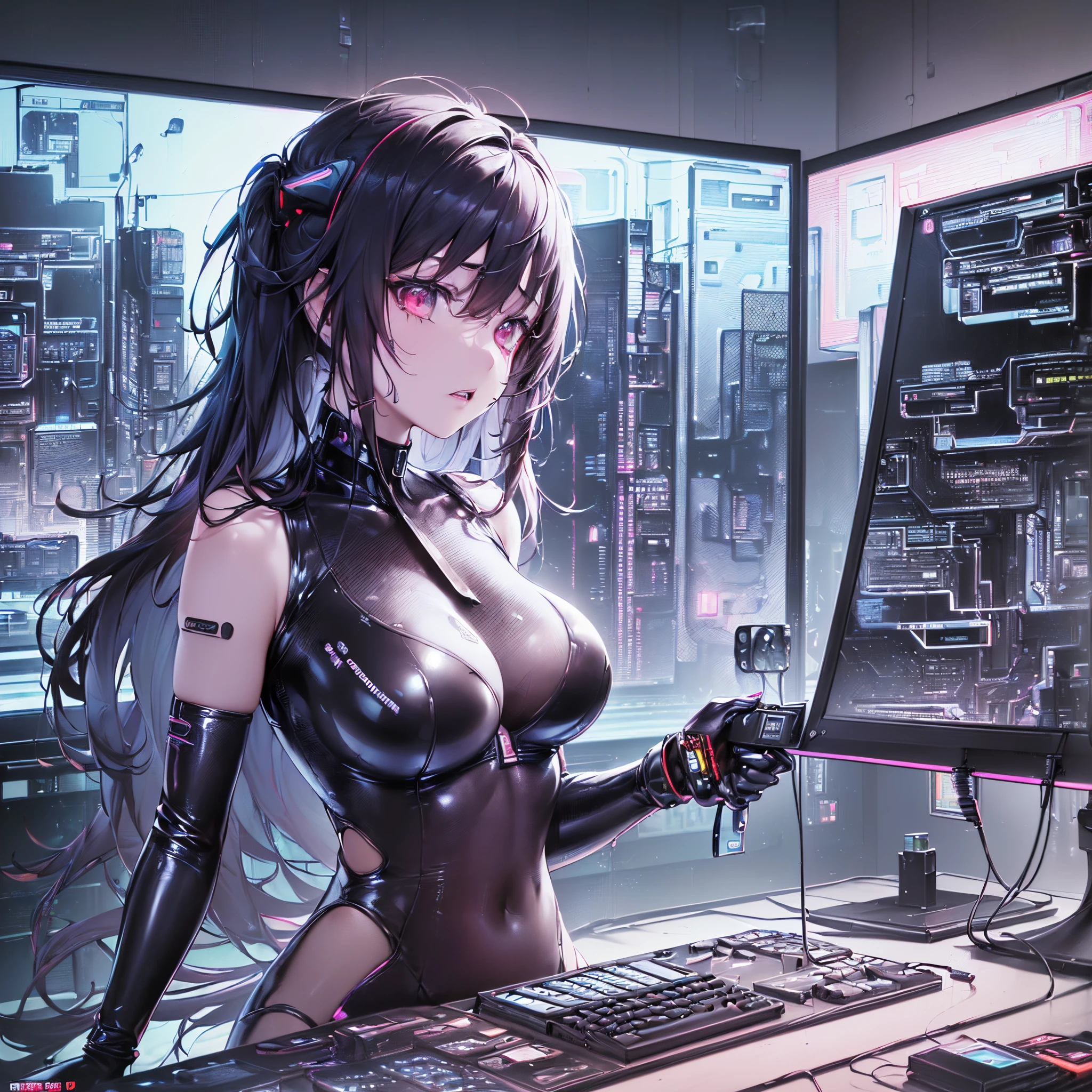 ((Finest quality)),(超A high resolution),(ultra-detailliert),(Meticulous portrayal),((Best Anime)),(Finest works of art),(Ultra-Precision Art),(The art of astounding depiction,Overwhelming depiction:1.5), (top quality cyberpunk:1.5), (Female Hacker:1.5),(form-fitting latex suit:1.5),Connecting jack on neck:1.6,(monitor screen floating in the air:1.8)