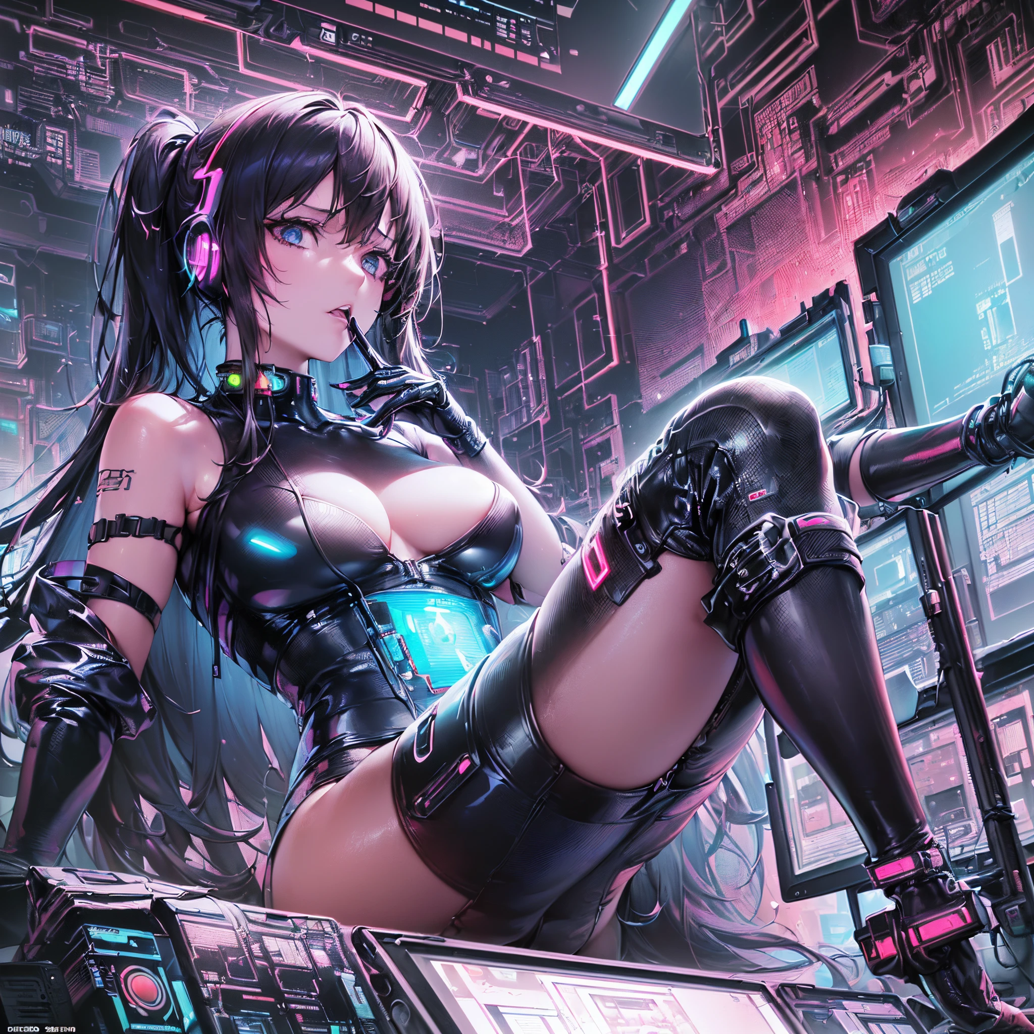 ((Finest quality)),(超A high resolution),(ultra-detailliert),(Meticulous portrayal),((Best Anime)),(Finest works of art),(Ultra-Precision Art),(The art of astounding depiction,Overwhelming depiction:1.5), (top quality cyberpunk:1.5), (Female Hacker:1.5),(form-fitting latex suit:1.5),Connecting jack on neck:1.6,(monitor screen floating in the air:1.8)