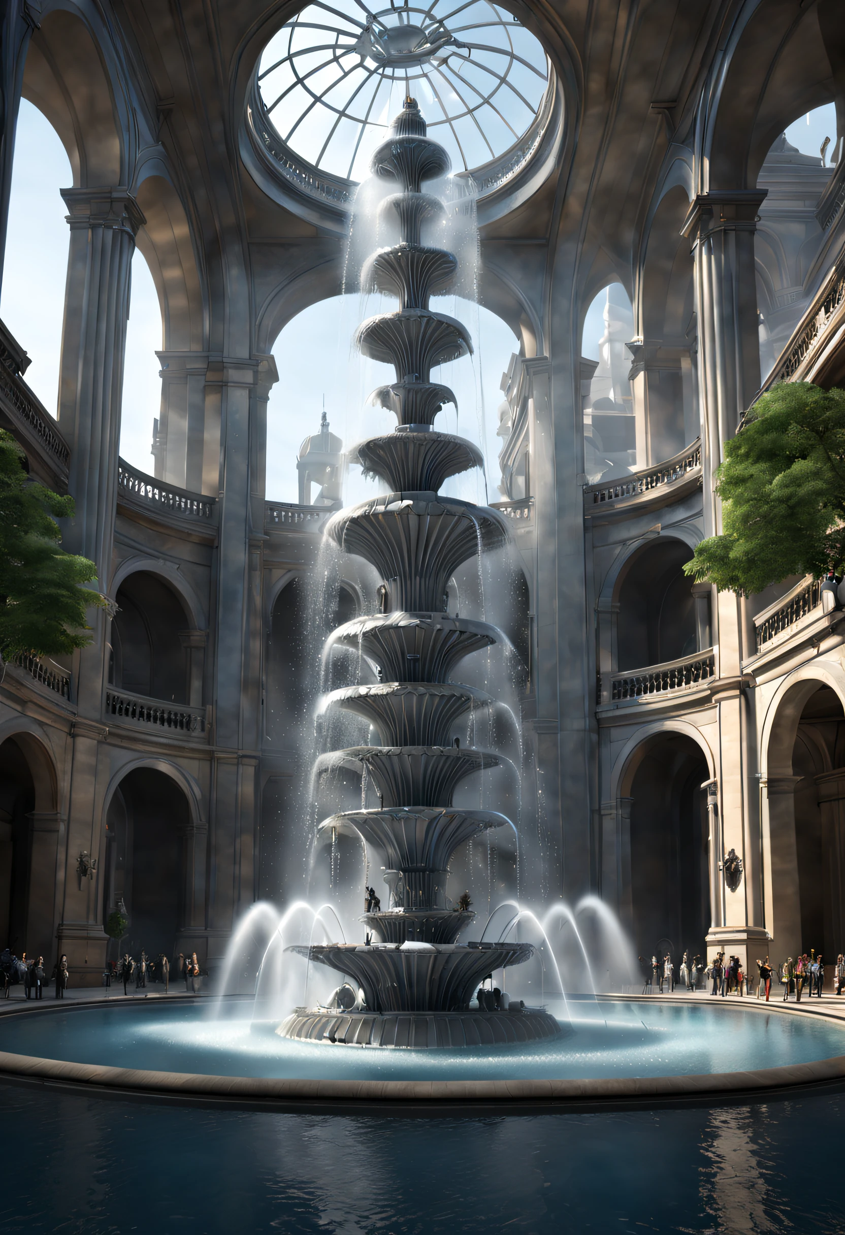 Sci-fi, (suspended giant fountain), lots of water, intricate details,
background: gray science and technology sense building,extremely detailed, best quality, masterpiece, high resolution, Hyperrealistic, top-view,  low angle view,  Fresnel light, by Philip Johnson,ray traced,global illumination,