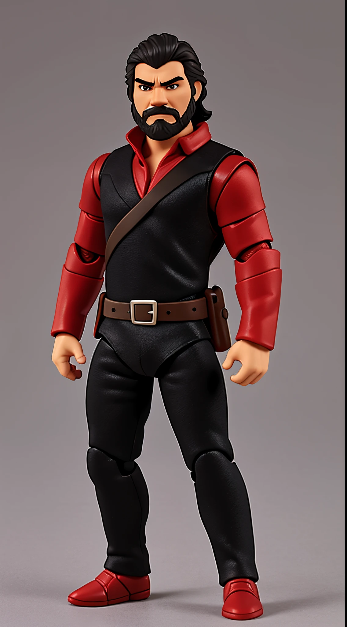 1 Man solo, solo.he has a short black beard and he has black flowing hair. Action Figure. One solo action figure. red. simple background one character. (One character)