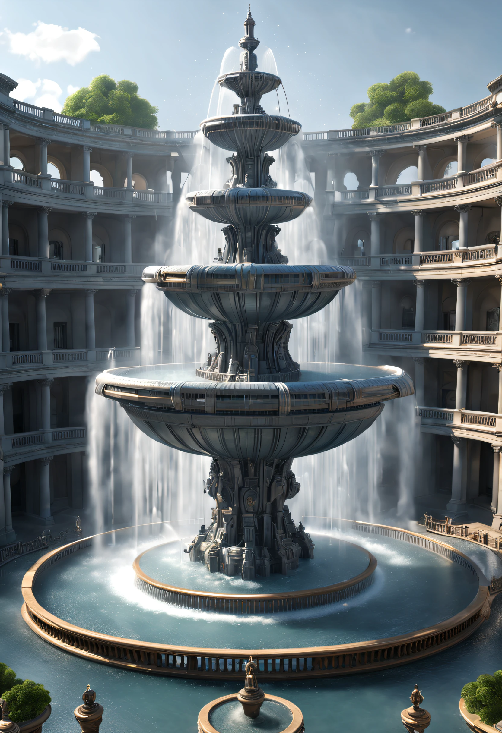 Sci-fi, (suspended giant fountain), lots of water, intricate details,
background: gray science and technology sense building,extremely detailed, best quality, masterpiece, high resolution, Hyperrealistic, ray traced,top-view,  low angle view,  Fresnel light, by Philip Johnson,