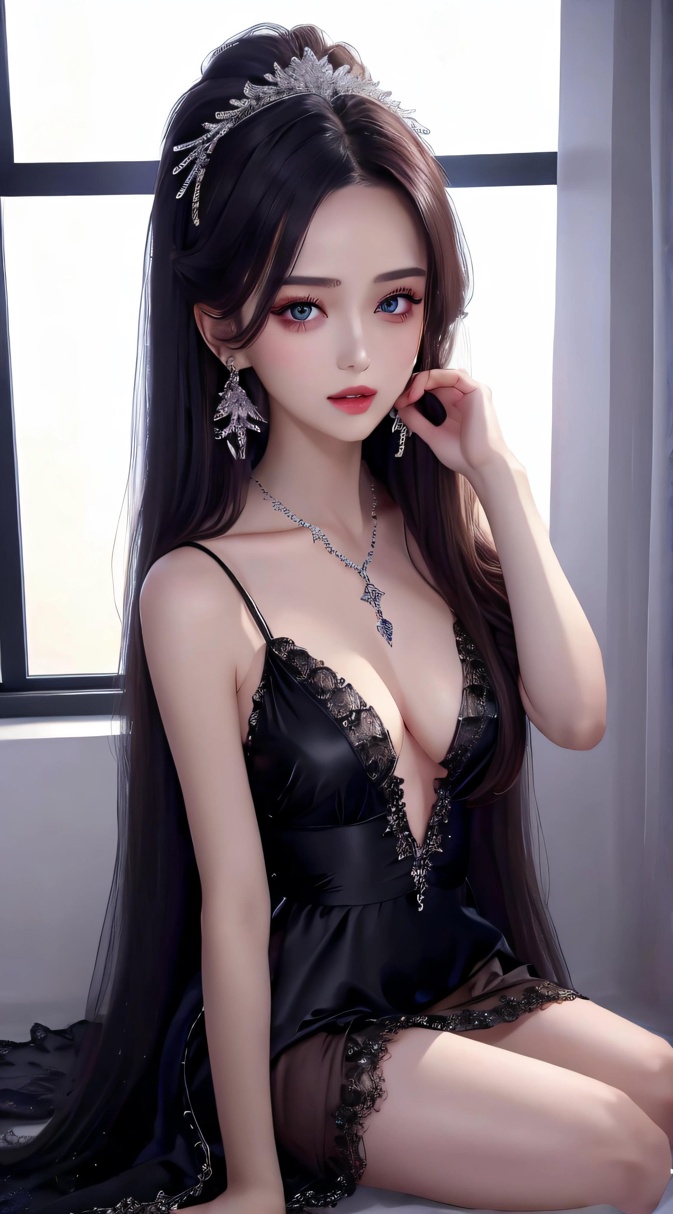 4k, ultra hd, masterpiece, 1 girl, detailed eyes, very long hair, spreading hair, hair ornaments, glossy lips, black princess dress, lace, criss-cross strap dress, bare waist, small breasts, jwellery, earring, necklace, high lighting, dark shadow, window background, blowing iar, realistic effect, very beautiful background, crystals, sitting