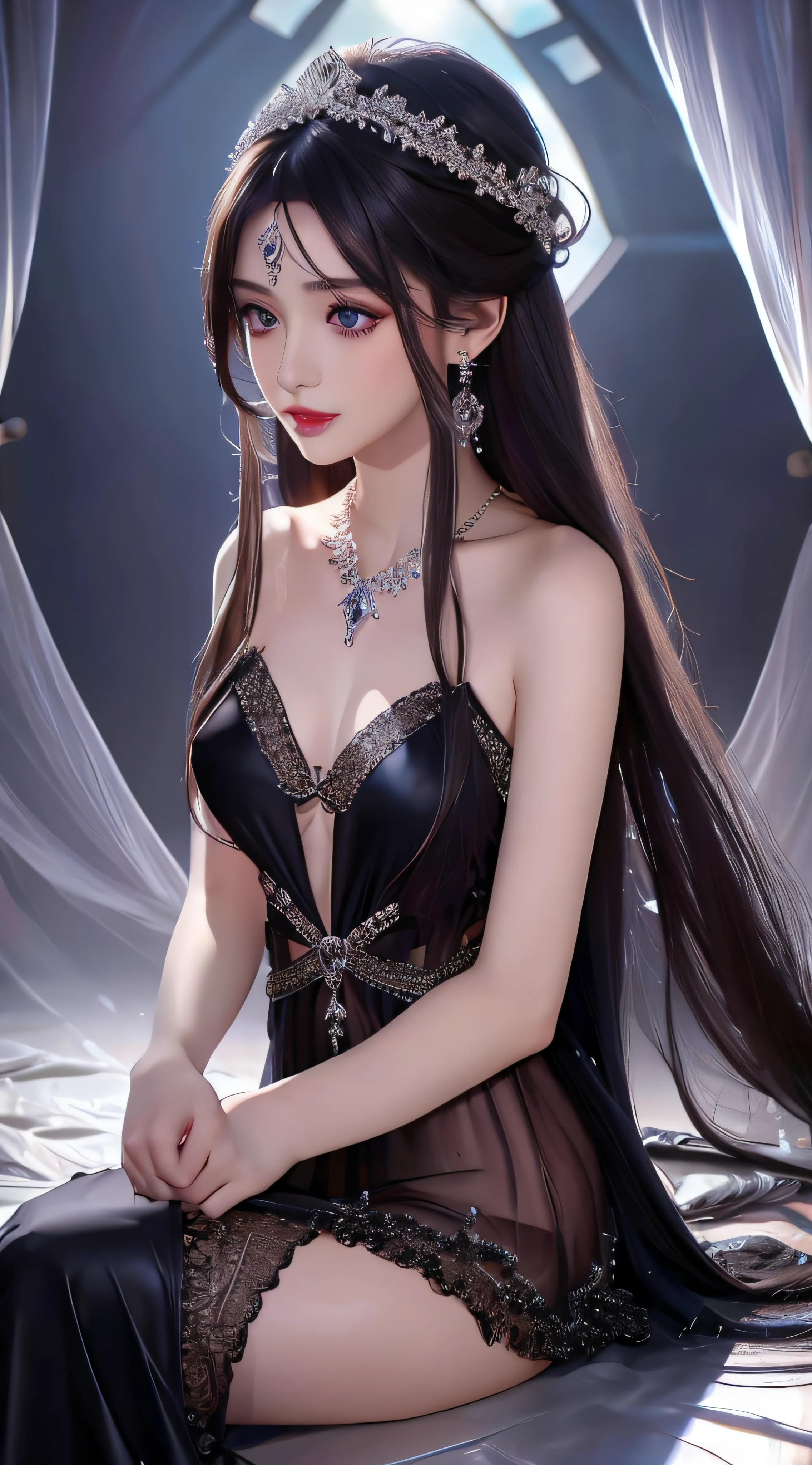 4k, ultra hd, masterpiece, 1 girl, detailed eyes, very long hair, spreading hair, hair ornaments, glossy lips, black princess dress, lace, criss-cross strap dress, bare waist, small breasts, jwellery, earring, necklace, high lighting, dark shadow, window background, blowing iar, realistic effect, very beautiful background,