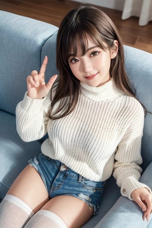 (best quality, ultra-high quality, high quality hands, best smyle), highest light, shot from above, relaxed look, lying in couch, cute room,
white high neck knit, tights, GIRLS denim shorts, highest shadow, sharp, sharp image, incredible resolution, beautiful effect,