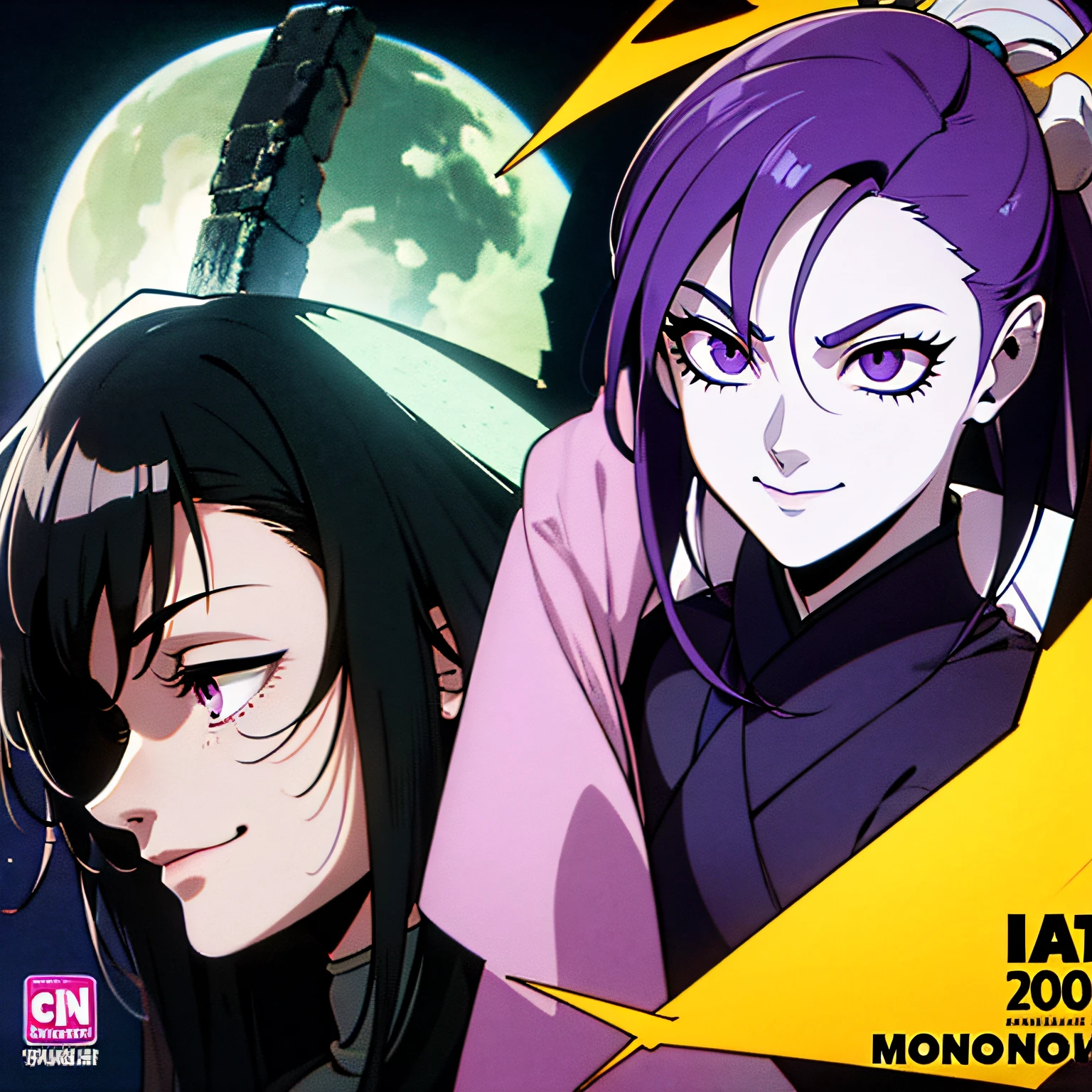 avatar, moon man, FEMALE, purple hair, badass, creepy, menacing, very scary, purple, insane, 2 personalities, alpha, vaporwave, smiling, manga cover, japanese