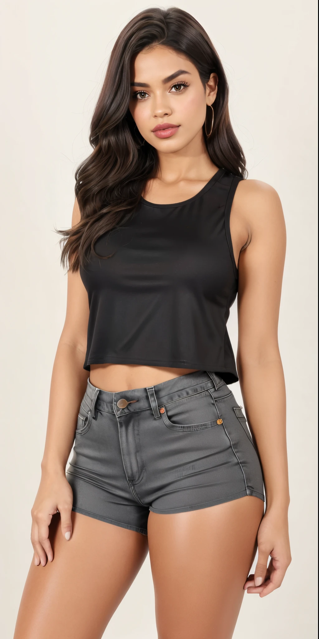 uma mulher vestindo um top preto e shorts jeans, usando uma regata preta cropped, usando uma regata cropped preta, Tampo tanque preto, she is wearing a black tank top, Tampo tanque preto, topo de corte, Topo de colheita, tampo preto, tanque preto apertado, usando um top cropped sexy, usando topo de corte, usando um top cropped, tops sem mangas