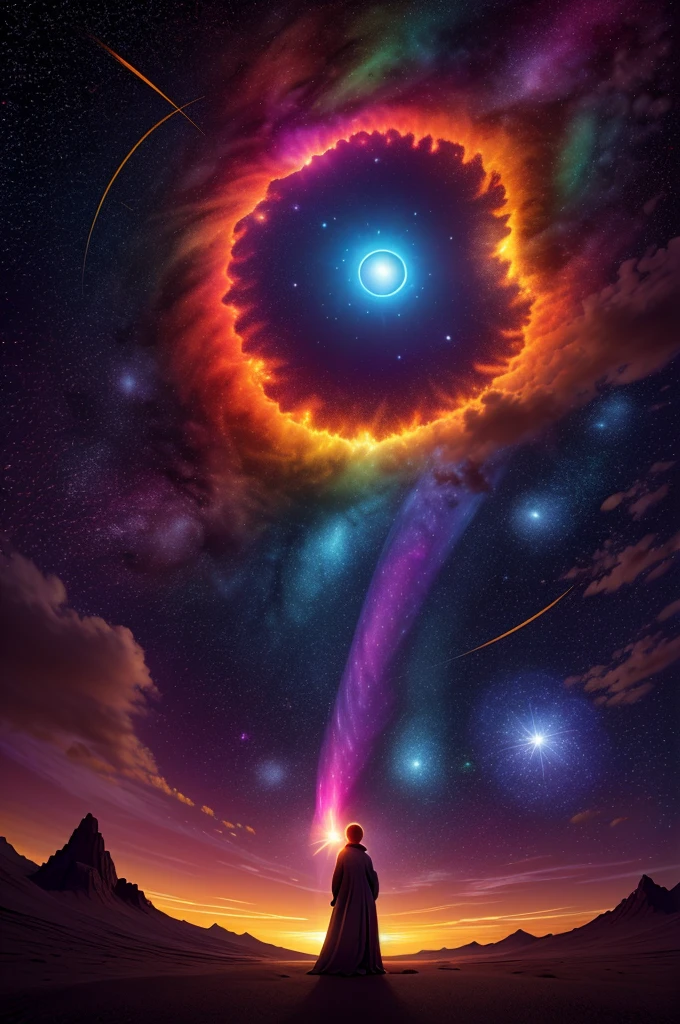 In a mesmerizing display of cosmic fireworks, a hypnotic holographic solar flare erupts with vibrant colors against the stark backdrop of an inky black sky. This high contrast, high key photograph captures the surreal beauty of the celestial phenomenon as it casts a spellbinding radiance. The image, with its impeccable clarity and impeccable detailing, immerses viewers in the otherworldly spectacle, evoking a sense of awe and wonder.