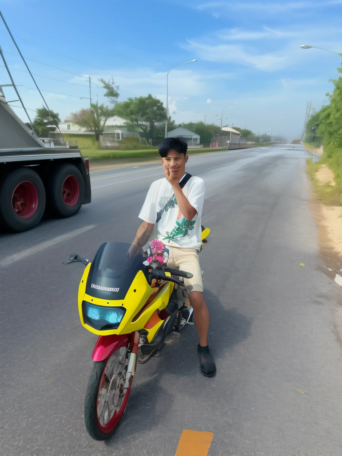 There was a man riding a motorcycle on the side of the road., thawan duchanee, Riding on the road, on street, in style of thawan duchanee, Ride on a motorcycle, 😭 🤮 💕 🎀, cyclist, Riding a motorcycle, motor bikes, motor bikes, Trend on R/Streetwear, Riding a motorcycle, Long Boy