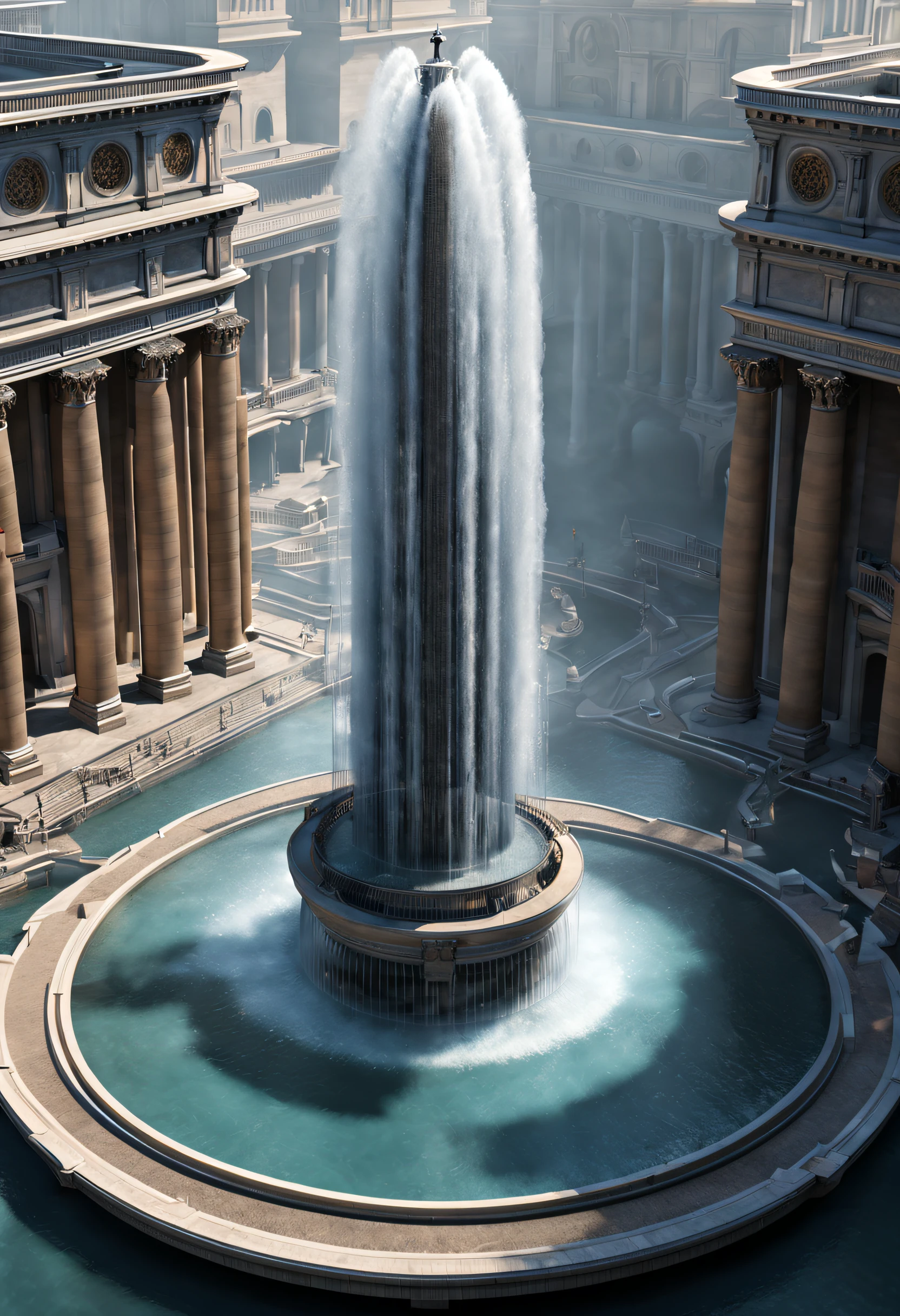 Sci-fi, (suspended giant fountain), lots of water, intricate details,
background: gray science and technology sense building,extremely detailed, best quality, masterpiece, high resolution, Hyperrealistic, top-view, low angle view, ray traced,global illumination,by Valerio Olgiati,