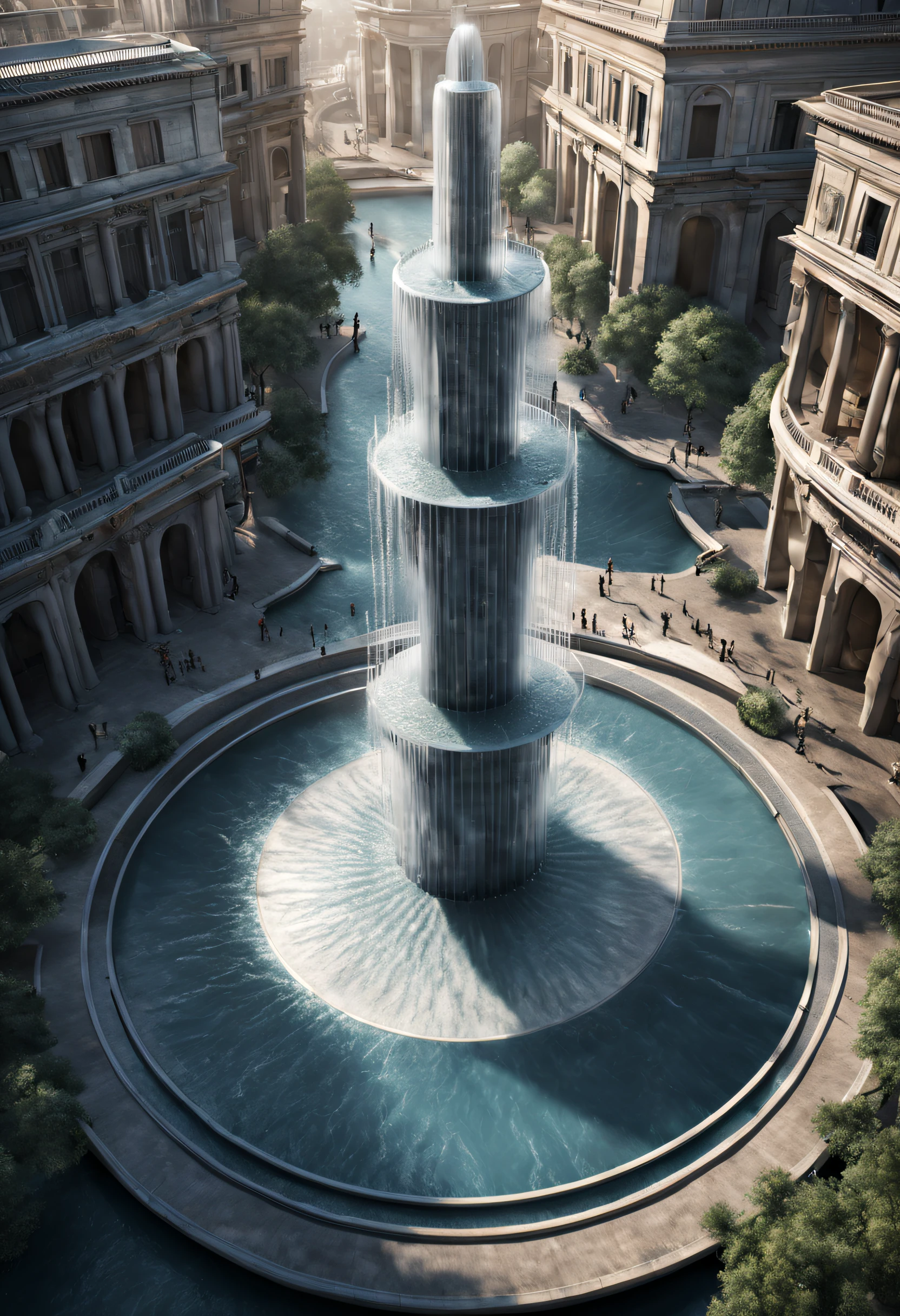 Sci-fi, (suspended giant fountain), lots of water, intricate details,
background: gray science and technology sense building,extremely detailed, best quality, masterpiece, high resolution, Hyperrealistic, top-view, low angle view, ray traced,global illumination,by Valerio Olgiati,