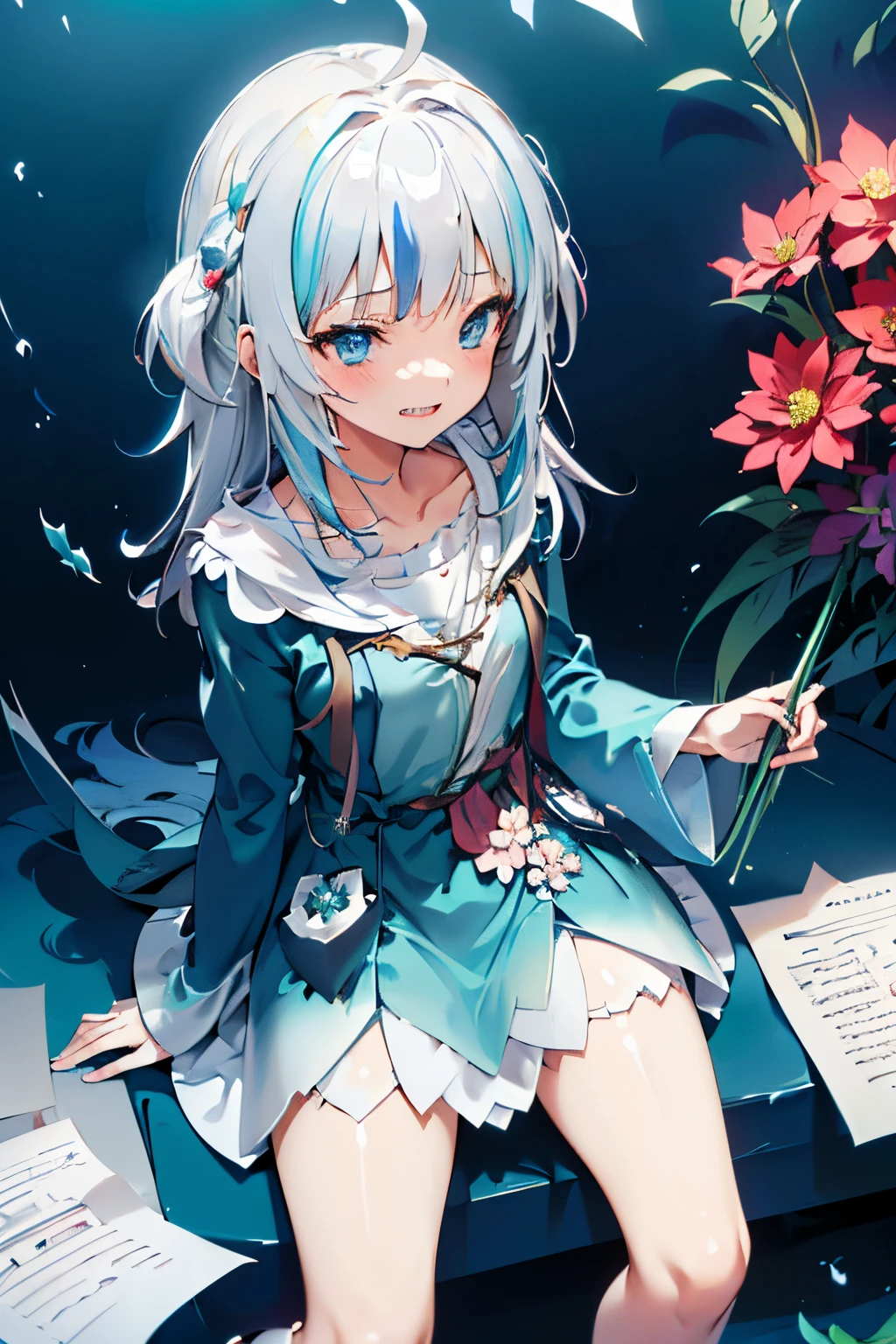 ((Gawr gura)), ((Masterpiece)), (highly saturated), from above, (High Definition:1.3), (Professional Photography:1.2), (cinematic lighting), (flat body), (flat chest), ahoge, messy hair, (blush, very naughty laugh face), sitting on the circle, (ultra detailed), 1girl, blue hoodie, exposed legs, full body, (surrounded flowers), (shining), (paper_cut)