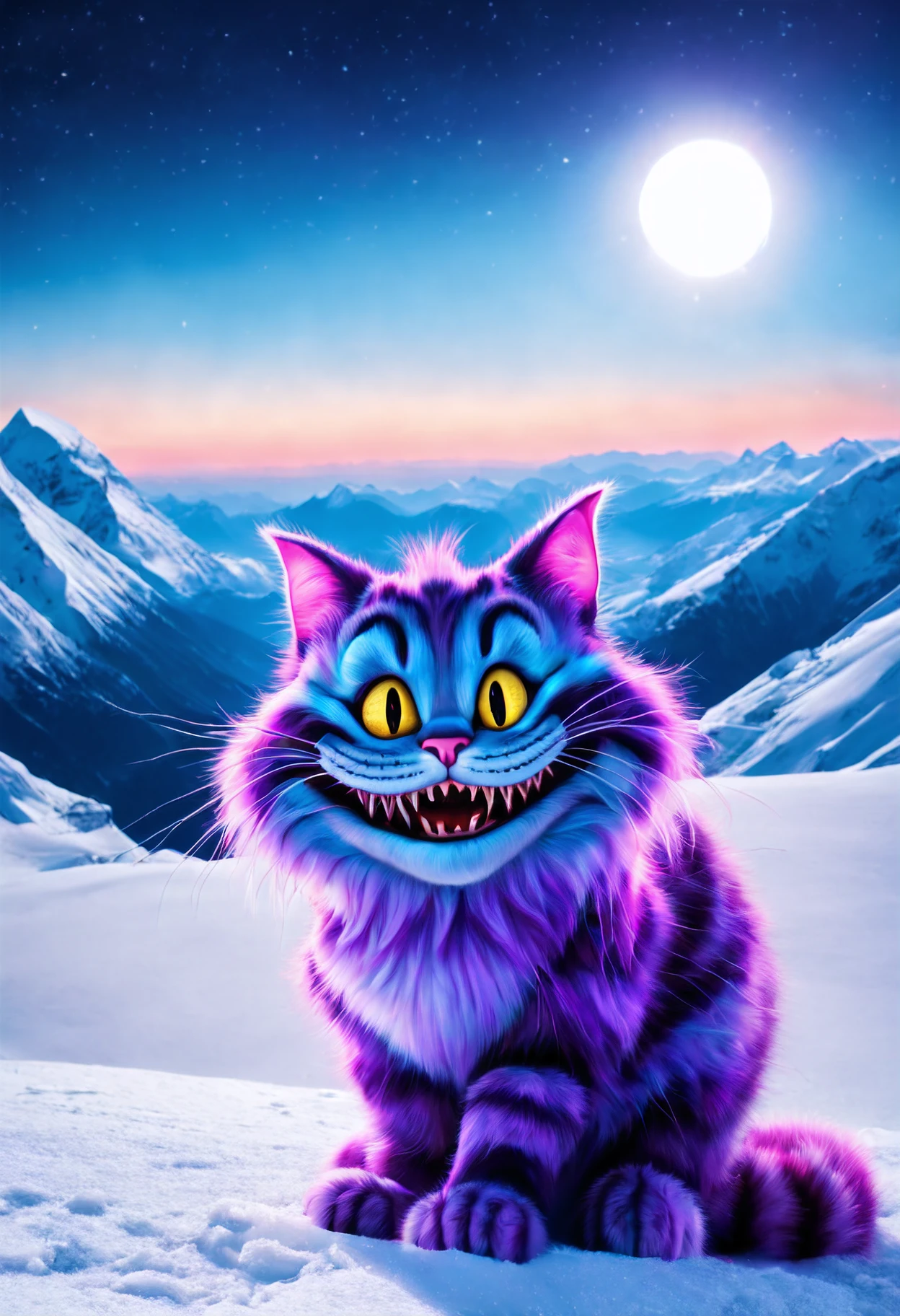 RAW photo, realistic photography, (realistic Cheshire Cat:1.5) wandering through the untouched purity of the snow-clad Himalayas, creepy big smile, a mythical tapestry of frost under the spectral dance of the auroras