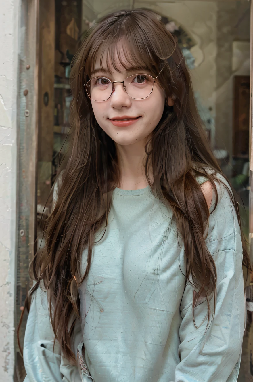(age girl),(gentleness),(long hair with bangs),(Hold your chin with your hands),(squatt, Look up and smile),(wears glasses),(Look up),(Denim with pink sweater),(adolable)