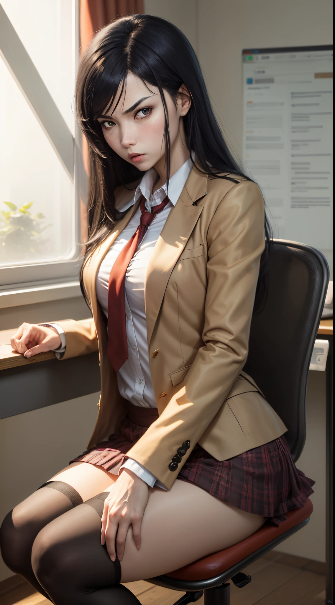 Generate a masterpiece feature solo anime girl Kurihara mari from prison school anim series,back length black hair, green eyes Hachimitsu Private Academy's female uniform, which consists of a brown blazer with a red tie, a white long-sleeved shirt, a pleated skirt, and black knee-high socks, solo focus, sitting on desk, looking at viewers, angry expression, classroom background, best quality