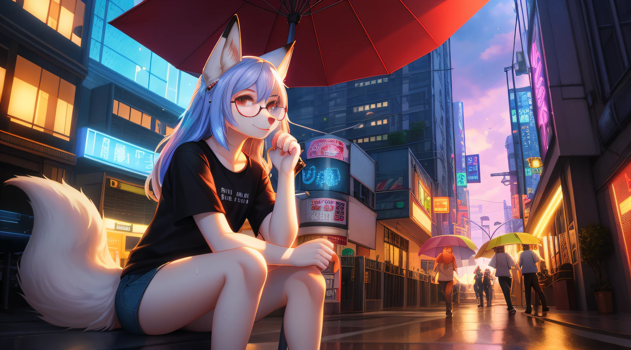cyber punk perssonage)White fur fox beautiful face jewel-like glasses soft hair furry limbs rain city street glow t-shirt umbrella beautiful light and shadow、ambient lights、Ultra-fine fur、Volumetric light is ultra-detailed