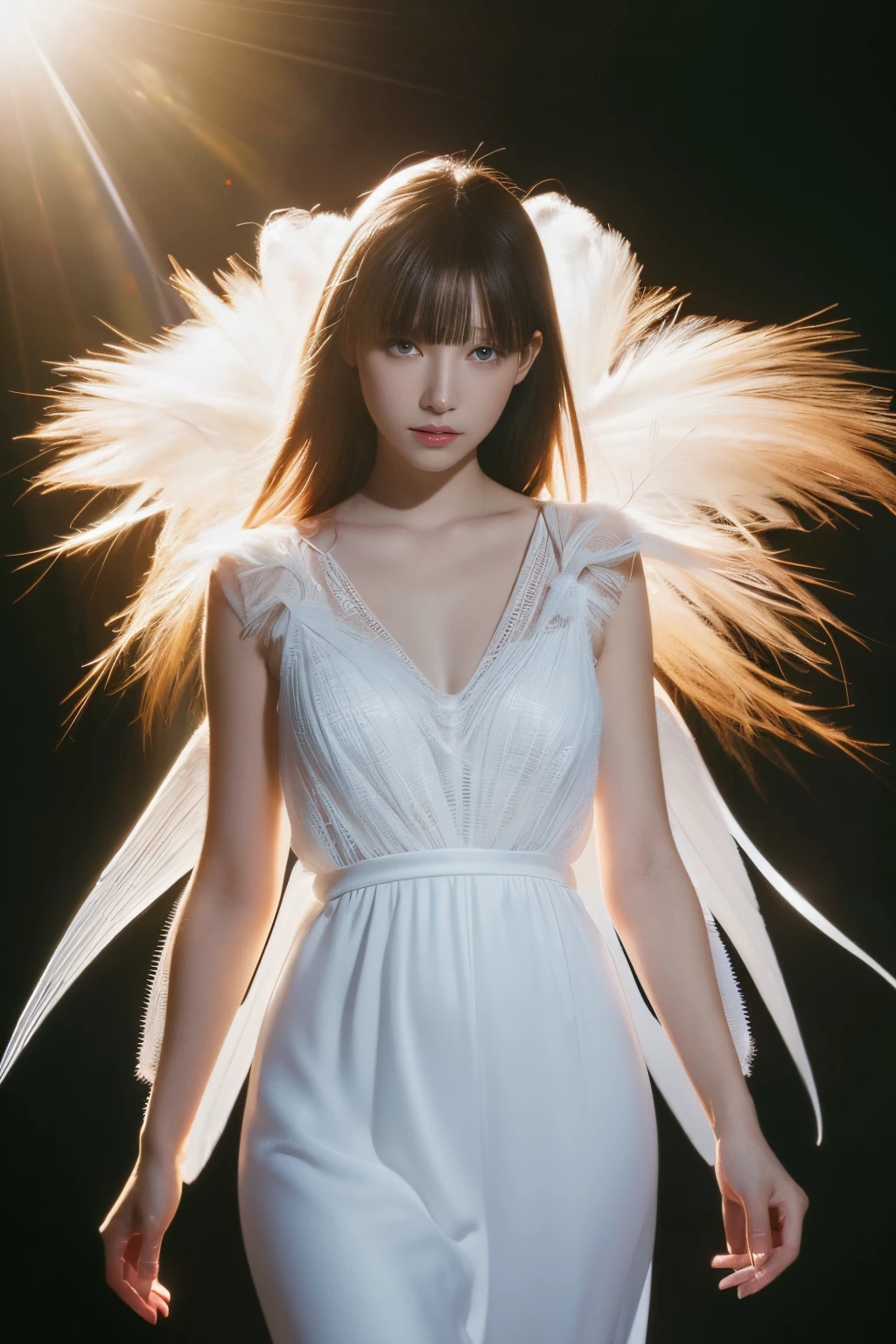 (masutepiece, Best Quality, superfine illustration, photographrealistic, Photon mapping, Detailed background:1.2), (1 white angel), Wide Shot, Beautiful eyes