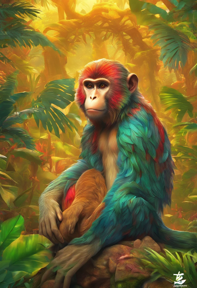 (tmasterpiece, top-quality, Best quality at best, offcial art, Beautiful and beautiful:1.2), (a monkey 1.3), The is very detailed,(s fractal art:1.2),Colorful,The most detailed,(Tangled:1.2), (dynamicposes), (jungle backdrop:1.5), (traditionalcostumes:1.2), (Glossy glossy skin), (Lots of colors:1.4), The upper part of the body
