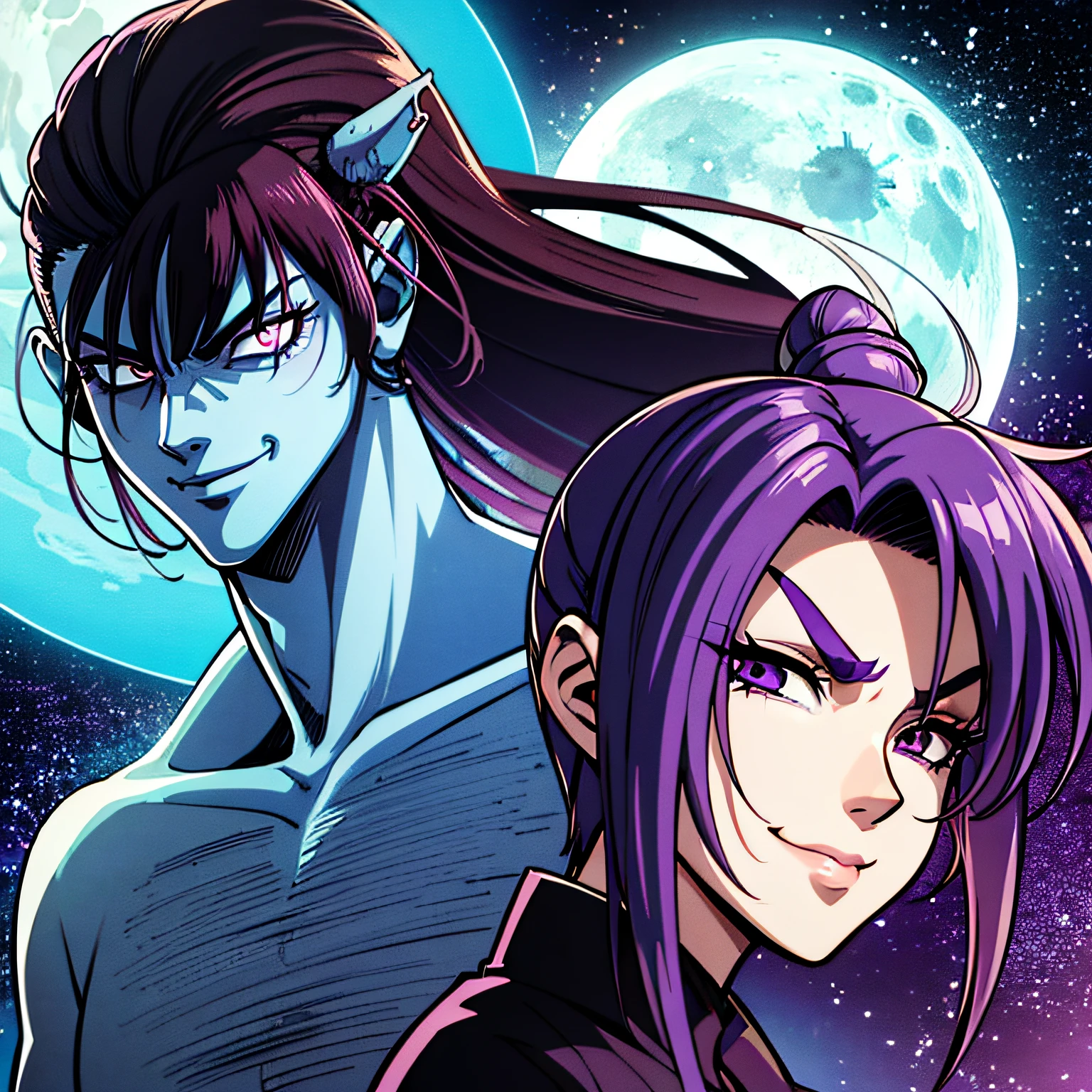 avatar, moon man, FEMALE, purple hair, badass, creepy, menacing, very scary, purple, insane, 2 personalities, alpha, vaporwave, smiling, manga cover, japanese