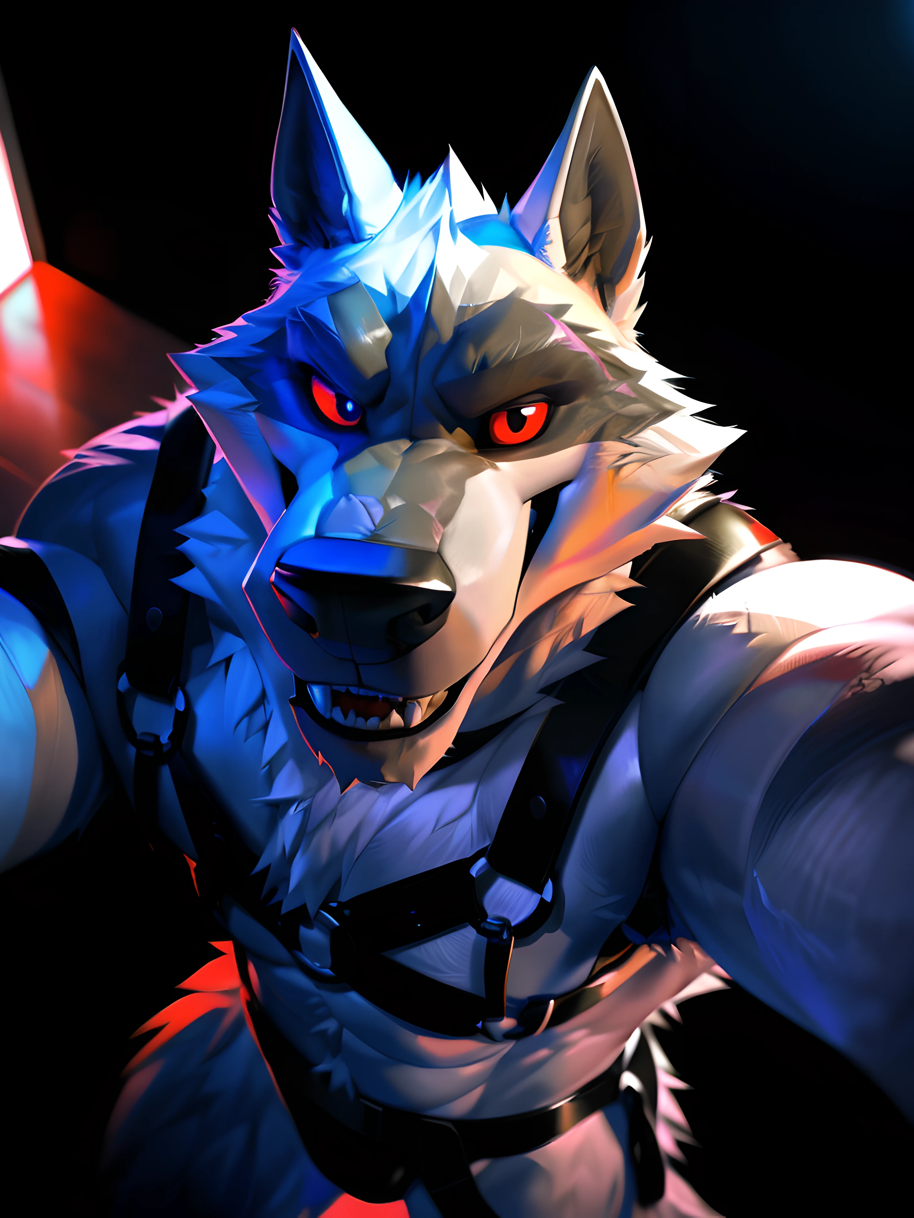 deathwolf, (dark room background), (black harness, leather underwear, black belt:1.2), very muscular, sexy, male, wolf, masculine, smug smile, speaking mouth, detailed red eyes, (by darkgem, by traver009, by kusunagi, by raccoon21), perfect colors, perfect shadows, detailed, sexy, (taking selfie, holding the viewer, high-angle shot, looking at camera:1.1), 3d render, pixar fur, 3d render, (darkness:1.3), dramatic lighting, beautiful lighting