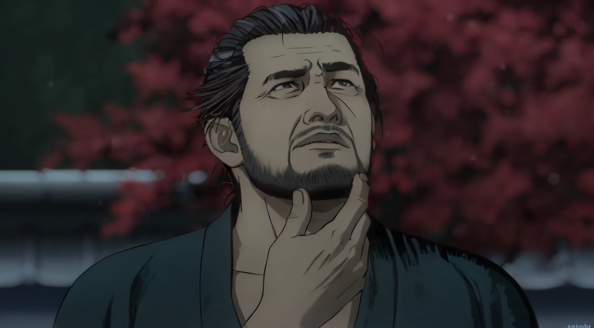 a close up of a man with a beard and a shirt on, hideaki anno anime, kentaro miura art style, takehiko inoue, inspired by Fujishima Takeji, kentaro miura style, miura kentaro style, kentaro miura art, hideaki anno, kentaro miura manga art style, shikanosuke yagaki