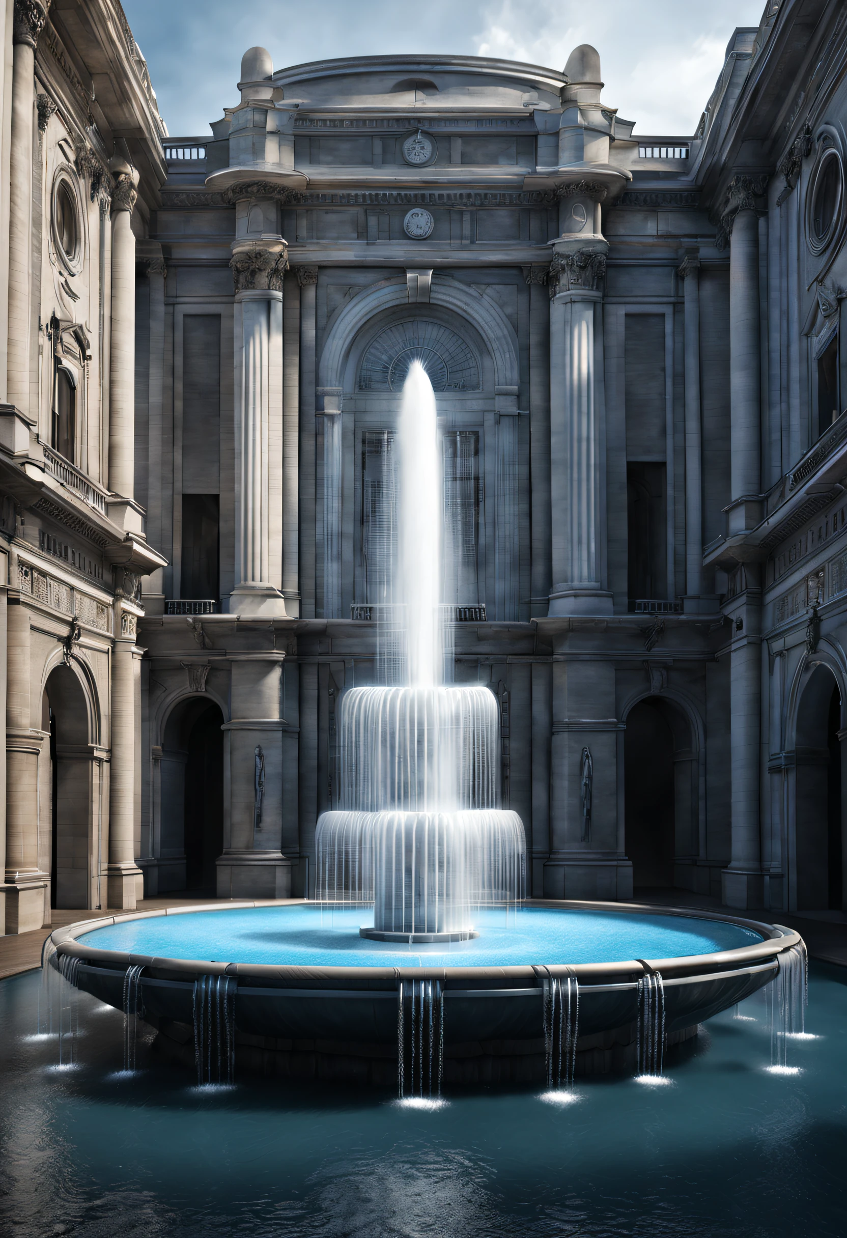 sci-fy, (giant hanging fountain), Lots of water, Complicated details,
Background with: Gray technological building,The is very detailed, Best quality at best, tmasterpiece, A high resolution, Hyper-realistic, top views,  low angle view,  Ray traching,globalillumination,Valerio Orgiatti,