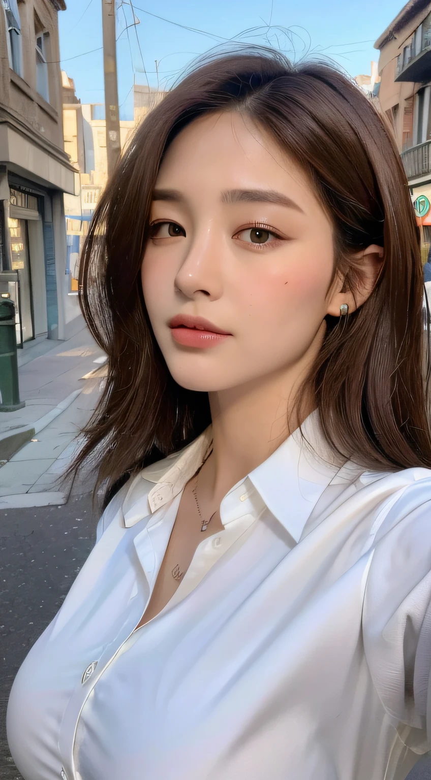 ((Best quality, 8k, Masterpiece :1.3)), Sharp focus :1.2, A pretty woman with perfect figure :1.4, Slender abs :1.2, ((Dark brown hair, Big breasts :1.2)), (White button up long shirt :1.1), City street:1.2, Highly detailed face and skin texture, Detailed eyes, Double eyelid