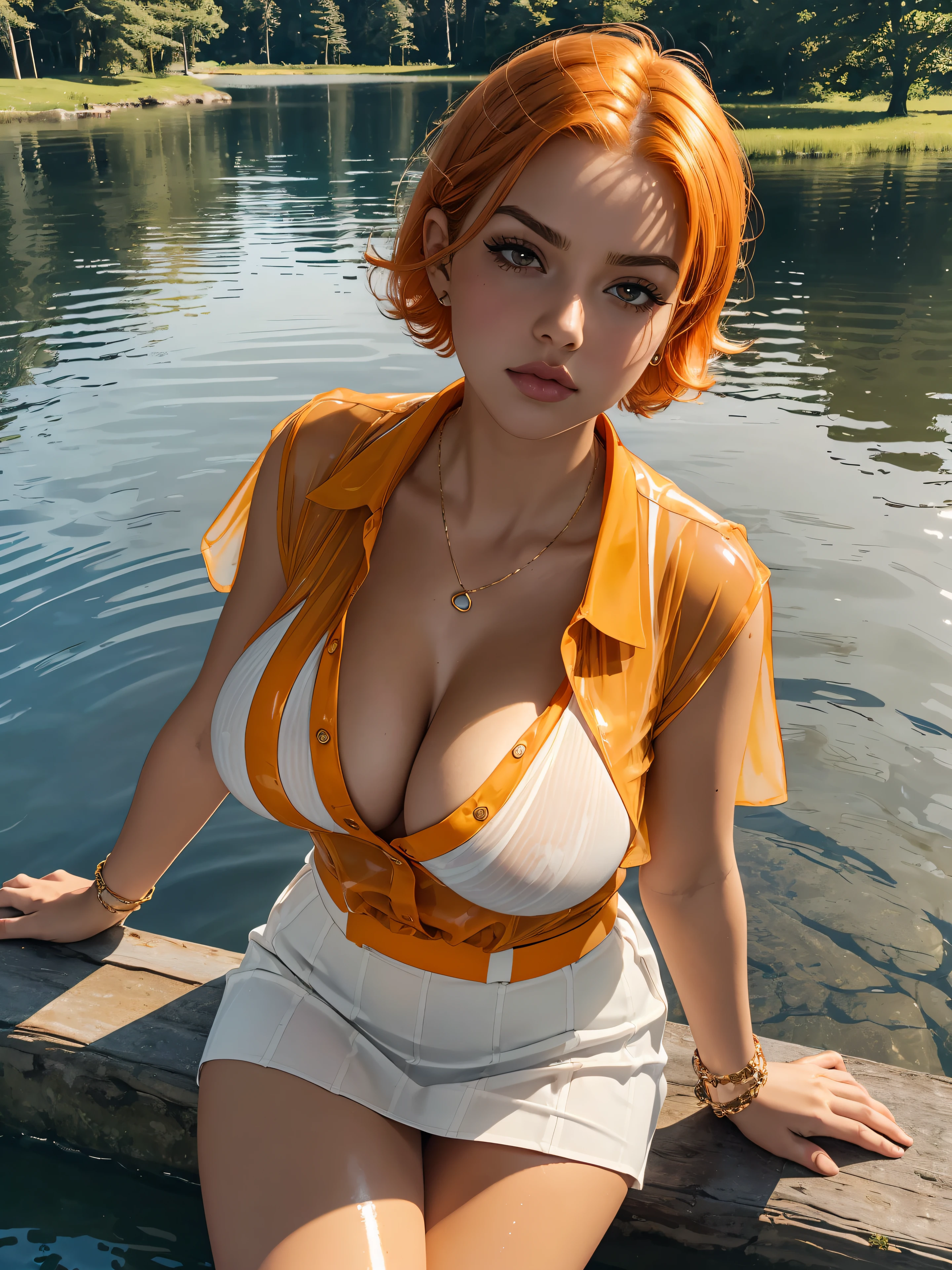 (ultra realistic,32k,RAW photo:1.1),(high detailed skin:1.1), 8k uhd, dslr, high quality, film grain, (makeup, mascara:1.1), lips,(thick\lips\), 
(shiny glossy translucent clothing:1.1), nami (one piece), short hair, orange hair, brown eyes, cleavage, striped shirt, white shirt, short sleeves, bracelet, miniskirt, yellow skirt, huge breast, (upper body:1.1),
(looking at viewer, sitting, from above:1.1),,
 (busty:1.1) ,  (chubby:0.1),(moody lighting:1.2), dark theme lakeside, peaceful shoreline, towering trees, idyllic setting