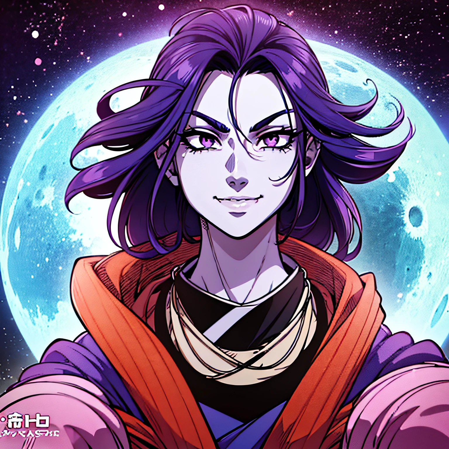 avatar, moon man, FEMALE, purple hair, badass, creepy, menacing, very scary, purple, insane, 2 personalities, alpha, vaporwave, smiling, manga cover, japanese