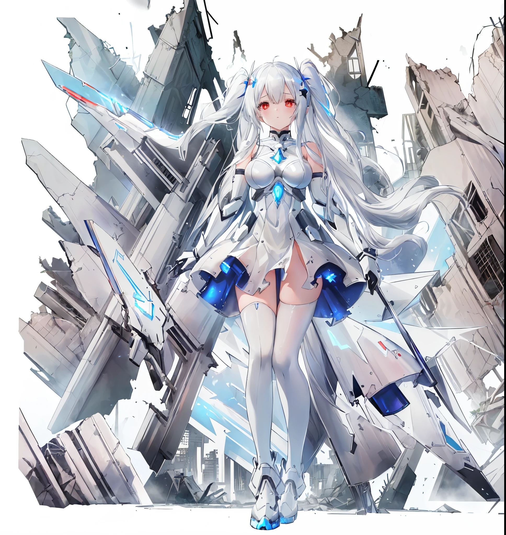 girl with long white hair and white dress, !teens girl,, in white futuristic armor, White Mecha, white haired god, azur lane style, sliver ice color reflected armor,, cyborg - girl with silver hair, glossy white armor、Cinderella/(Nike, Goddess of Victory)/、The moon is out、i&#39;((i&#39;Me in the ruined city))、((top-quality、8K、​masterpiece:1.3))、cute little、Twin-tailed、i&#39;((((In the ruined city))))、no feelings、red eyes、1 persons、shield armor