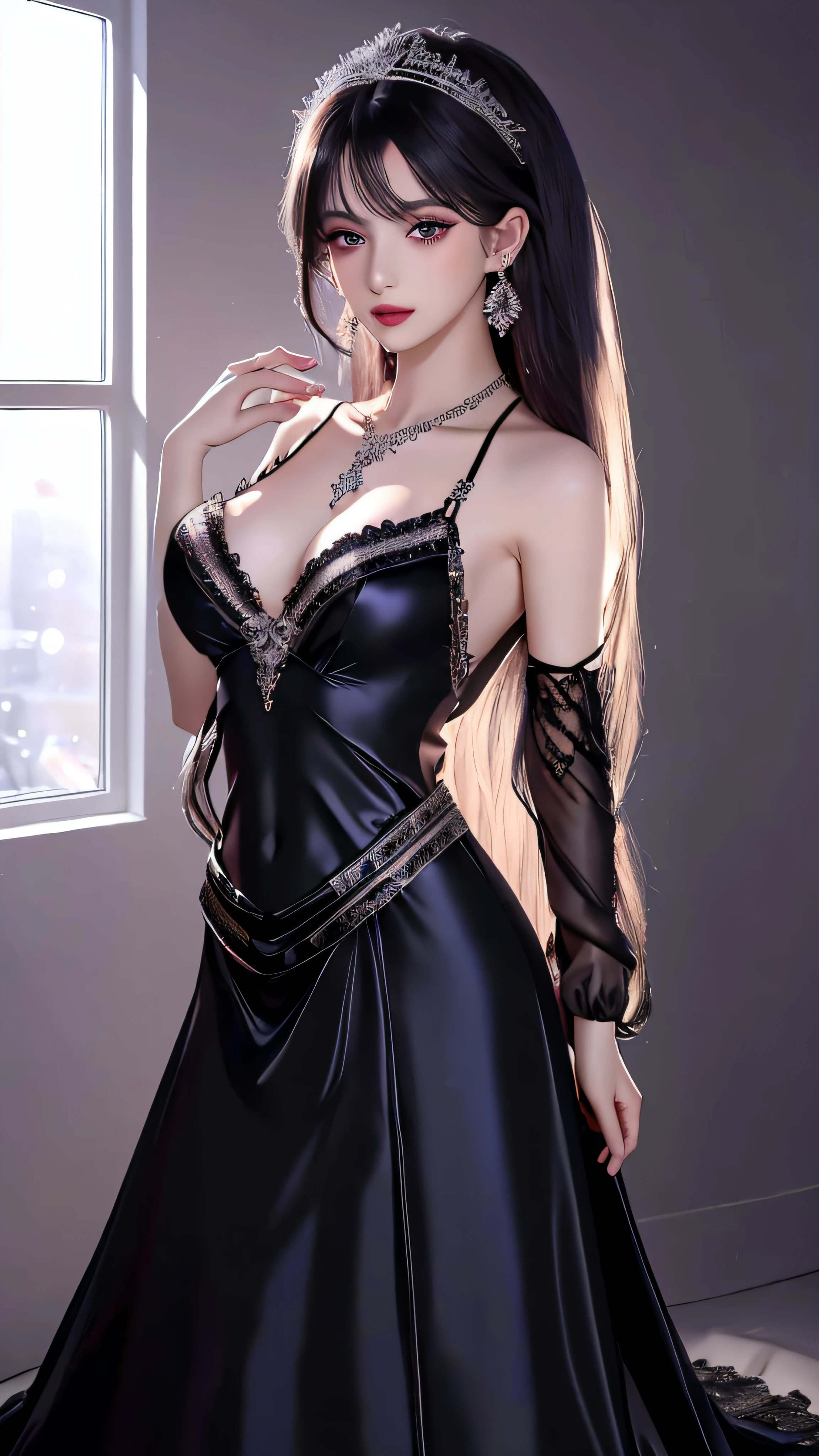 4k, ultra hd, masterpiece, 1 girl, detailed eyes, very long hair, spreading hair, hair ornaments, glossy lips, black princess dress, lace, criss-cross strap dress, bare waist, small breasts, jwellery, earring, necklace, high lighting, dark shadow, window background, blowing iar, realistic effect, very beautiful background, crystals,
