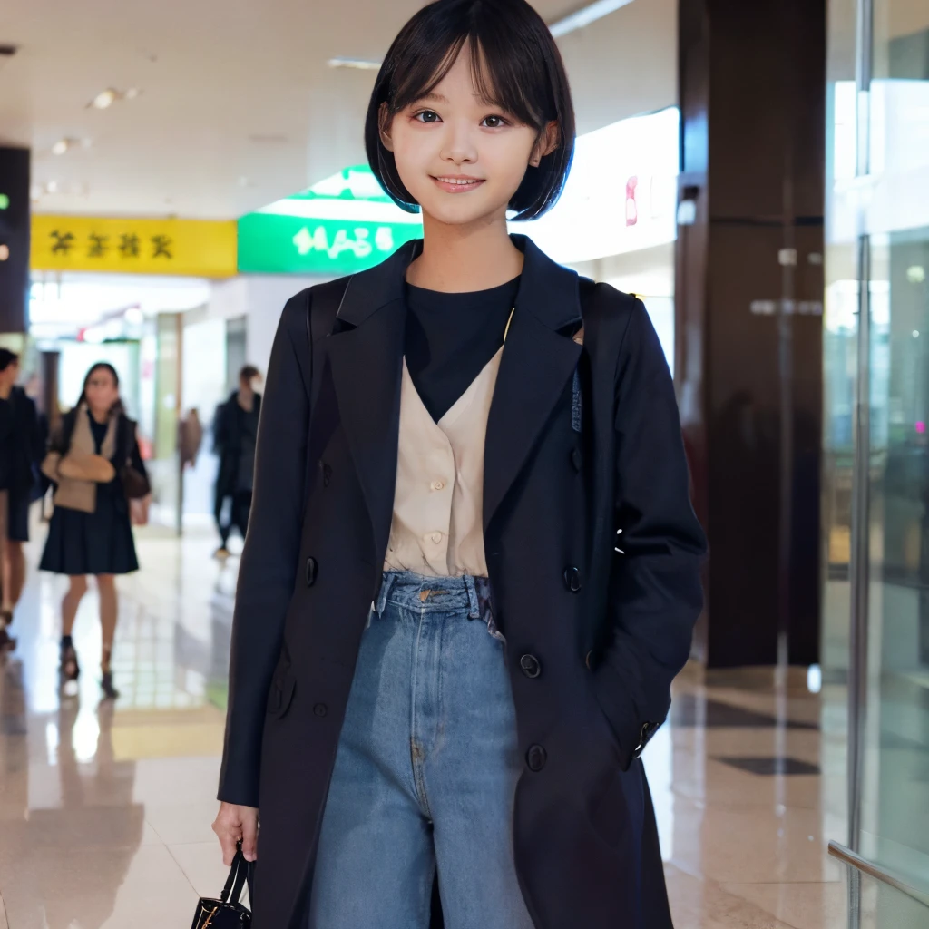 Top image quality、top-quality、masterpiece、超A high resolution、8K、Unripe、photographrealistic:1.4、profetional lighting、cute school girl、a baby face、Bery short hair、A slender、moderately sized breasts、B Cup Bust、ssmile、Wearing a black coat、I wear denim pants、hang a shoulder bag diagonally、I'm at the mall