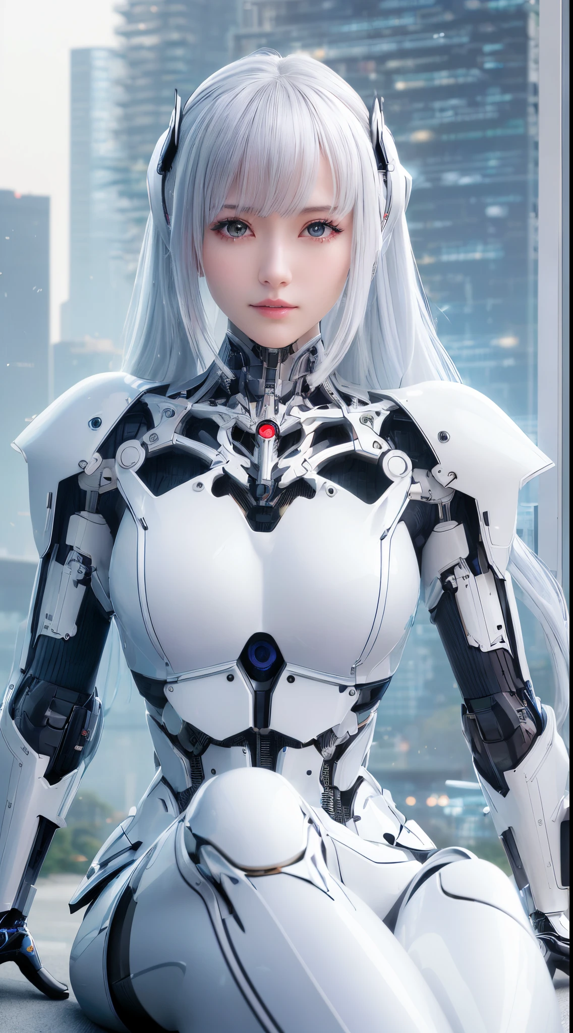 (((masutepiece))), (top-quality、high quarity、ultra-definition、Extreme elaboration、Top resolution):2.0、(Realistic、photoRealstic), ((well proportioned face))、fulcolor 、(scientific fiction)、(独奏)、Beautiful robot woman、((Maintenance of combat robots))、(Perfect robot joint:1.3)、(Detailed electronic board:1.3)、(Machine frame:1.3)、White porcelain mechanical armor、(Oval curvaceous face)、(machine components:1.3)、(glass almond shaped eyes)、thin mouth、deadpan、(Perfect mechanical two-handed:1.3)、((Cyber City Road during the day))、Perfect robot legs、high-heels、(Sit up)、Automata