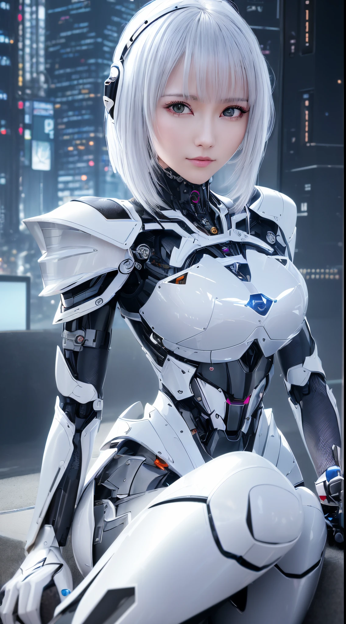 (((masutepiece))), (top-quality、high quarity、ultra-definition、Extreme elaboration、Top resolution):2.0、(Realistic、photoRealstic),  ((well proportioned face))、fulcolor 、(scientific fiction)、(独奏)、Beautiful robot woman、((Maintenance of combat robots))、(Perfect robot joint:1.3)、(Detailed electronic board:1.3)、(Machine frame:1.3)、White porcelain mechanical armor、(Oval curvaceous face)、(machine components:1.3)、(glass almond shaped eyes)、thin mouth、deadpan、(Perfect mechanical two-handed:1.3)、Automata、((Cyber City Road during the day))、Perfect robot legs、high-heels、(Sit up)