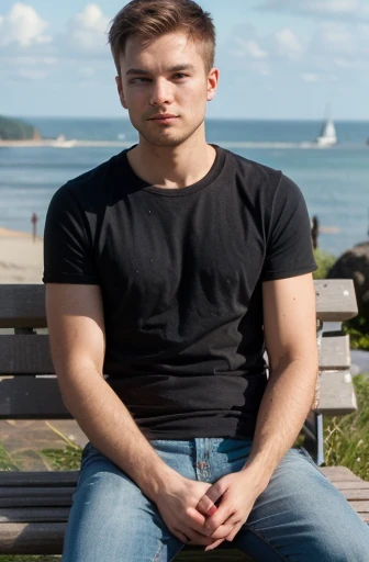 Average man from Finland, 25 years old, short brown hair, average body, wearing short jeans, wearing green t-shirt, sitting on bench near sea