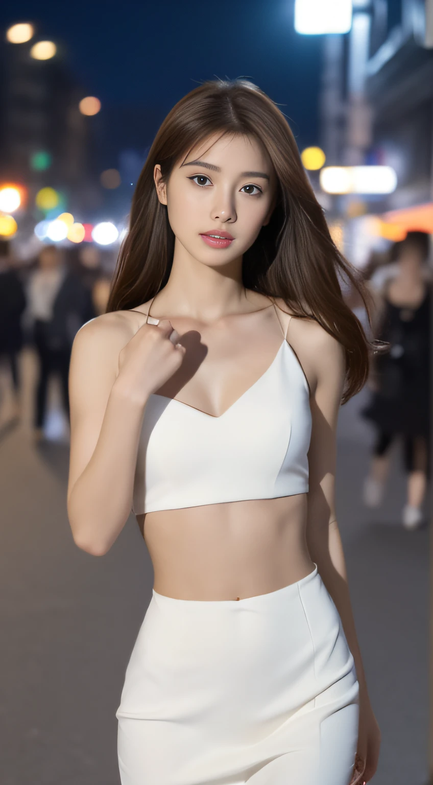 ((Realistic lighting, Best quality, 8K, Masterpiece: 1.3)), Focus: 1.2, 1girl, Perfect Figure: 1.4, Slim Abs: 1.1, ((Dark brown hair)), (White dress: 1.4), (Outdoor, Night: 1.1), City streets, Super fine face, Fine eyes, Double eyelids,