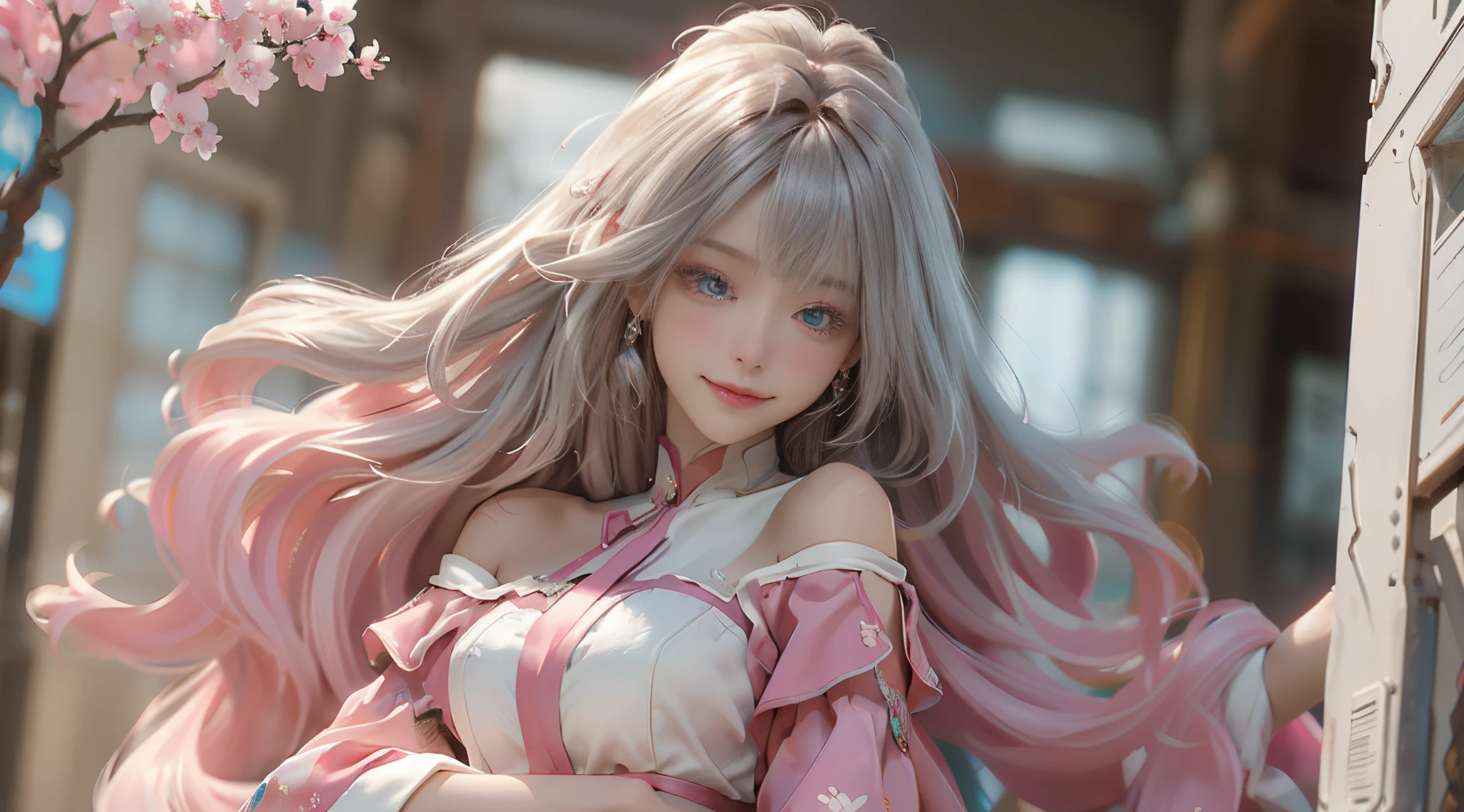 ((best qualtiy)), ((tmasterpiece)), (detail:1.4), Beautiful cyberpunk female images,hdr(HighDynamicRange),Ray traching,NVIDIA RTX,Hyper-Resolution,illusory 5,sub surface scattering,PBR textures,post-proces,Anisotropy Filtering,depth of fields,maximum definition and sharpness,Many-Layer Textures,Albedo e mapas Speculares,Surface coloring,Mitsu-Accurate simulation of material interactions,perfectly proportioned,rendering by octane,Two-colored light,largeaperture,Low ISO,White balance,Rule three points、8K raw data、Beautiful bright blue pupils,off-the-shoulder clothes,Fine pupils,Delicate face and eyes,long eyelasher,Blushlush,Delicate and fluffy hair,pink lip,Pure,Cute face,Sweet girl,Artistic sense,Casual wear,Advancedsense,butterflys,Cherry blossom petal,Beautiful hair accessories,Long hair and waist,Hair fluttering in the wind,Snow-white fox ears,curlies,Snow-white fluffy tail,Positive light,The light from the back window is backlighted