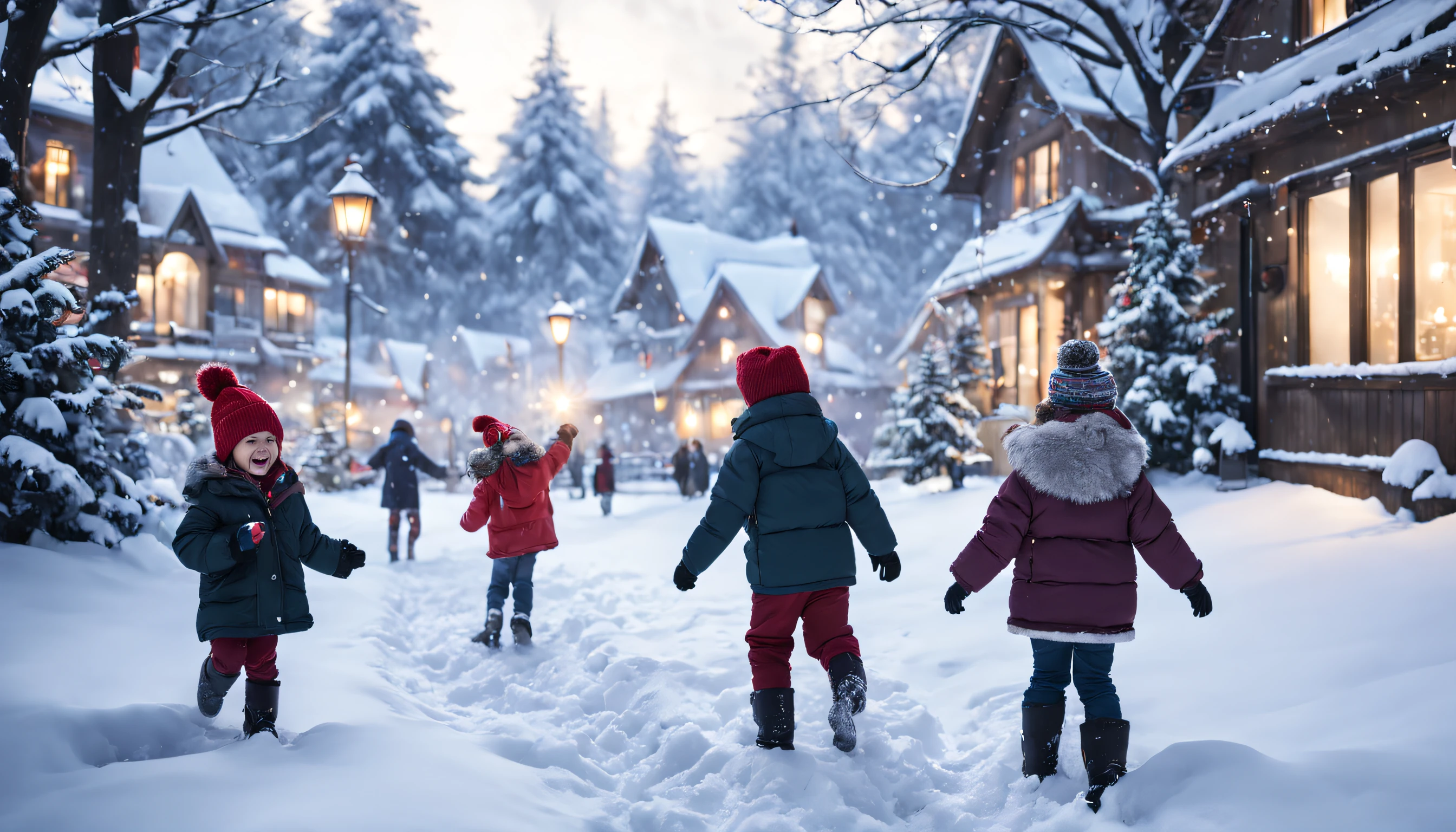 Add ambient sounds of children playing and laughing in the snow to set the festive atmosphere