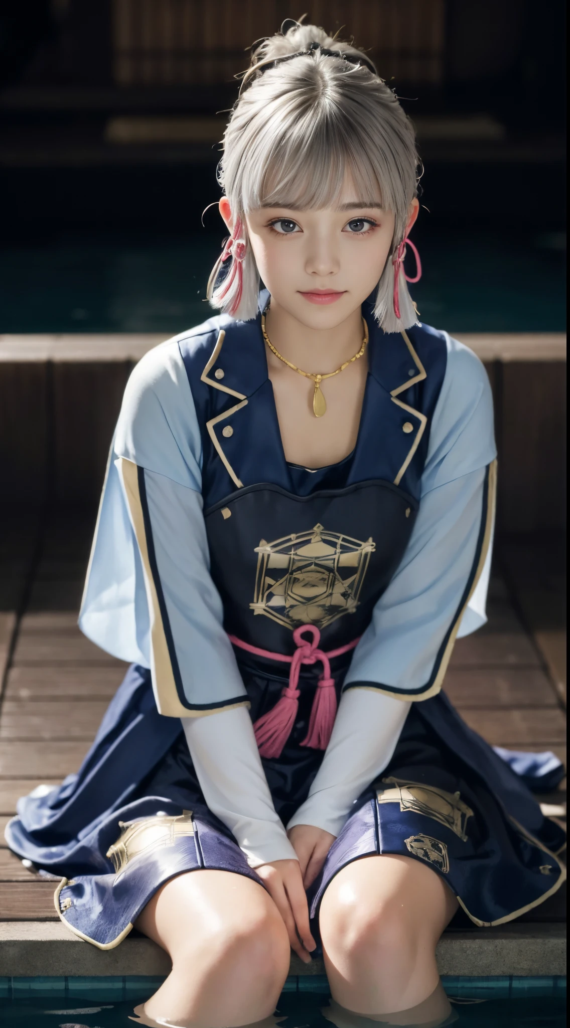 (((Masterpiece))), 4k resolution, Highly detailed, (((Very detailed eyes))), Detailed background, Cinematic lighting, crystal clear eyes, high quality, high resolution, Ultra detail, 8k, Best quality, masterpiece, High resolution, Best quality, 1girl solo, kamisato_ayaka, sitting, from above, looking at the audience, light smile, wading, wet hair, evening, poolside, Japanese onsen