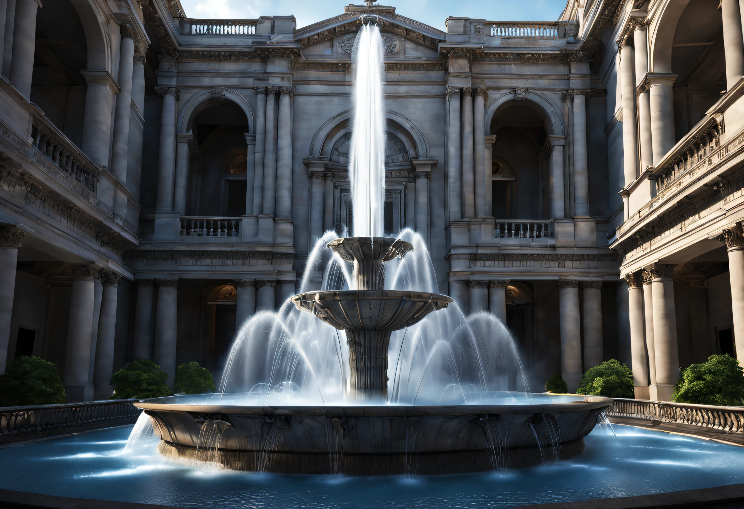 sci-fy, (giant hanging fountain), Lots of water, Complicated details,
Background with: gray technology building,The content is very detailed, Best quality, tmasterpiece, A high resolution, hyper realisitc, down view, low angle view, ray traycing,globalillumination,Valerio Orgiatti,