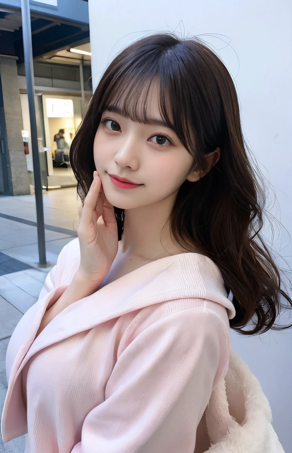 Japan Beauty、Live action、Poses variadas、White wall background shot、Colossal tits、Pink mask、prominent 、Fashionable clothes、Selfie wind、Black winter clothes