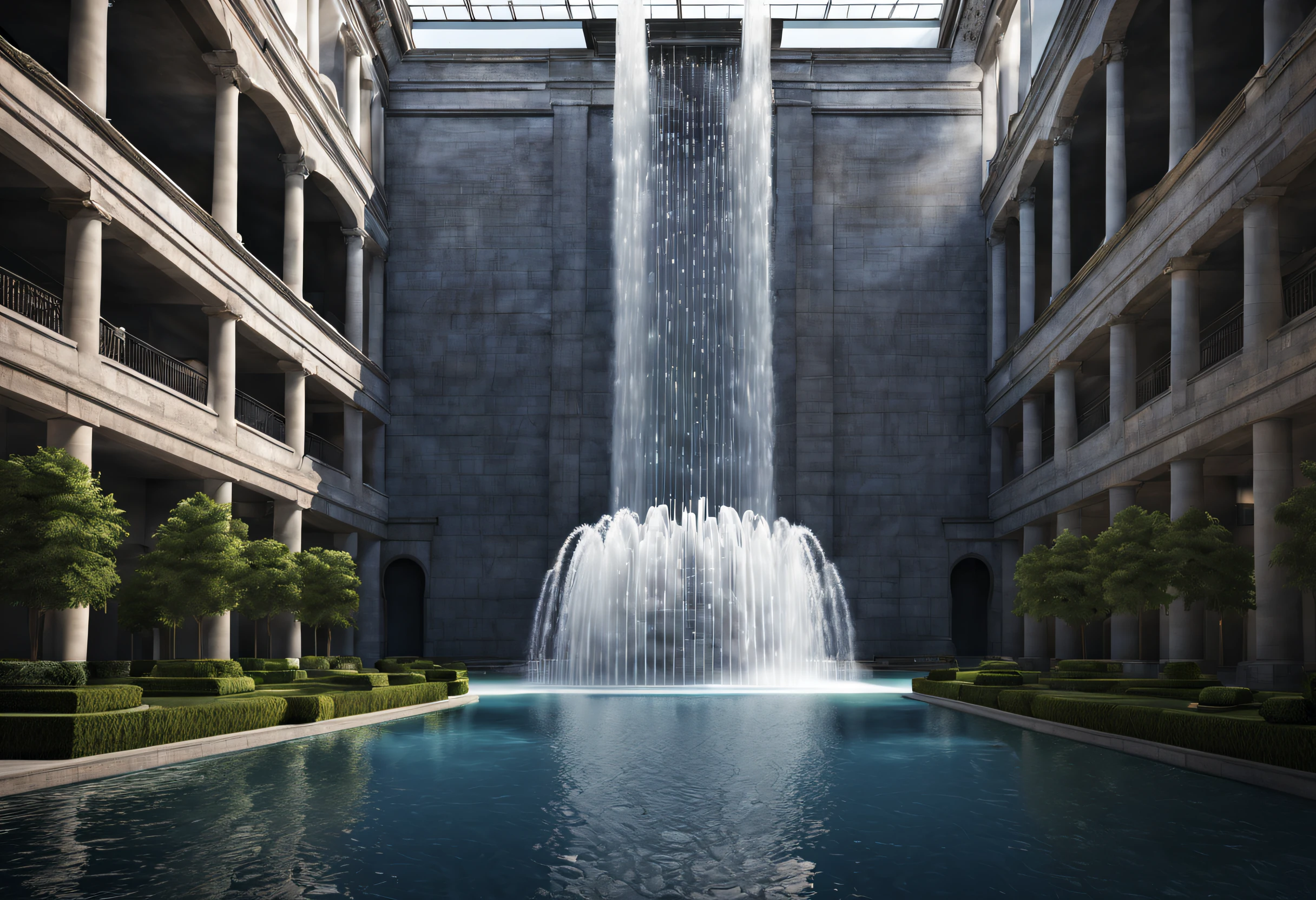 sci-fy, (giant hanging fountain), Lots of water, Complicated details,
Background with: gray technology building,The content is very detailed, Best quality, tmasterpiece, A high resolution, hyper realisitc, down view, low angle view, ray traycing,globalillumination,Valerio Orgiatti,