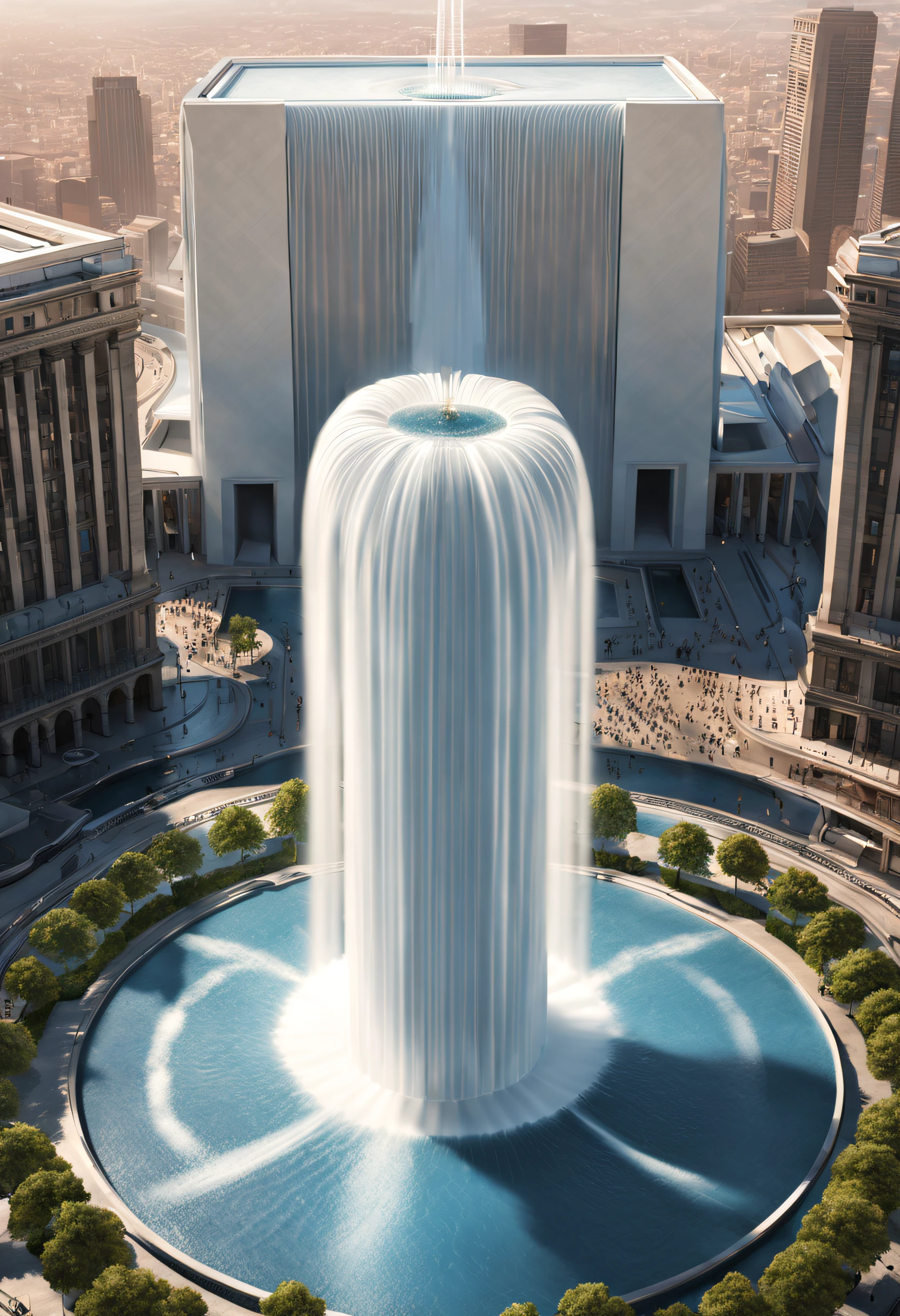 Sci-fi, (suspended giant fountain), lots of water, intricate details,
Background: white science and technology sense building,extremely detailed, best quality, masterpiece, high resolution, Hyperrealistic, top-view, low angle view, ray traced,global illumination,by Philip Johnson,by Santiago Calatrava,