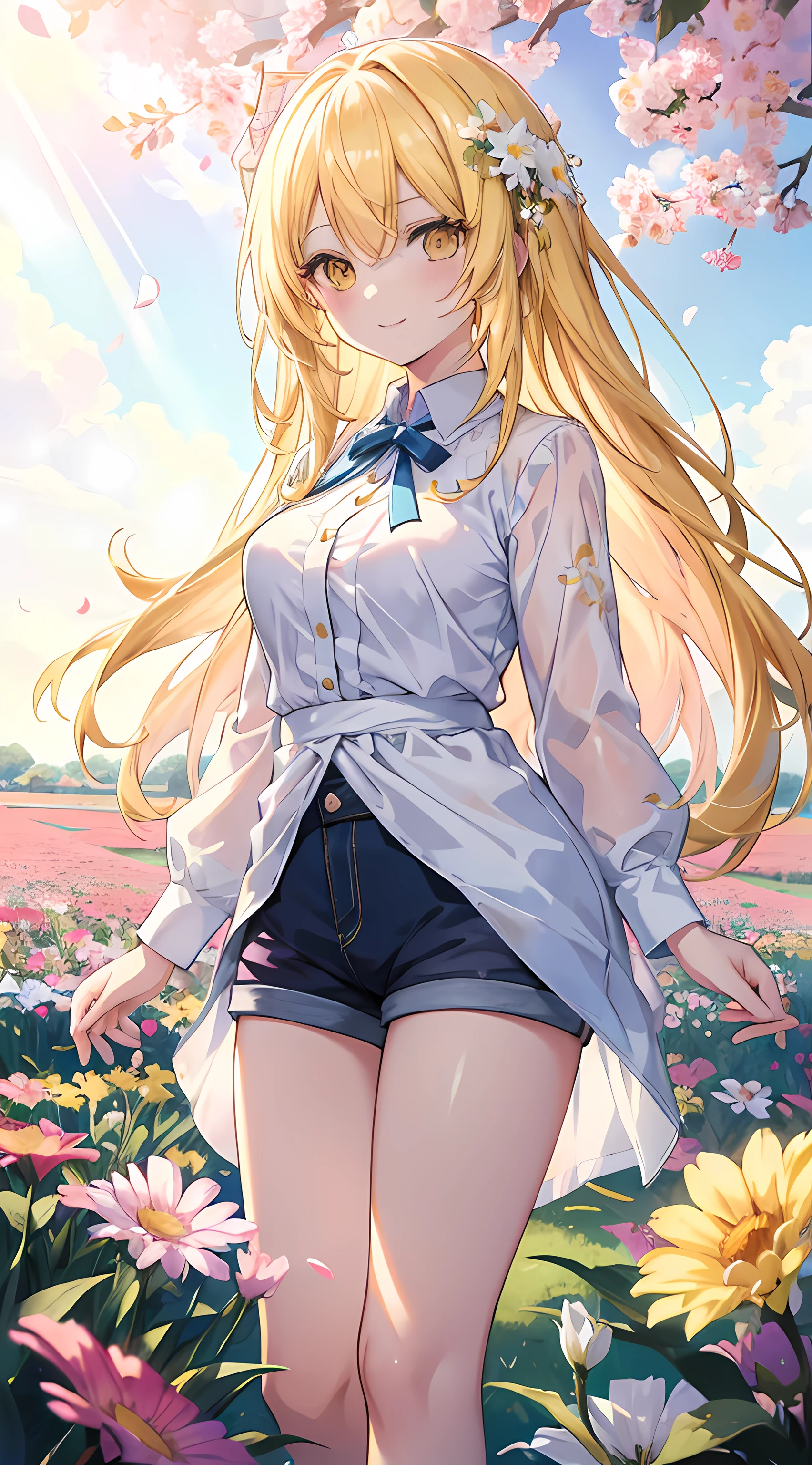 anime girl standing in a flowers field, colorful flower, beautiful sunlight, (1girl), long blonde hair, yellow eyes, medium breasts, white cotton blouse, blue dominant shorts, smile, colorful anime artwork, amazing visuals, ultrasharp, masterpiece, high res, 8k
