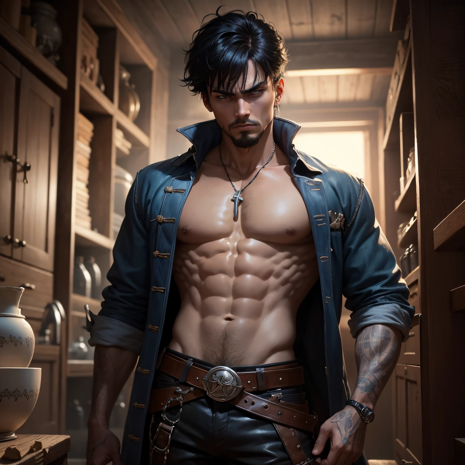 8k, masterpiece, best quality, realistic, higly detailed, cowboy shot, 1boy, solo, Fuutarou, young man, fair skin, black hair, bowl cut, two strands sticking up from the back of his head, bangs that cover his forehead, blue eyes, slim physique, tall build, tends to slouch, serious expression, scary and thuggish vibe, bad guy, Pirate